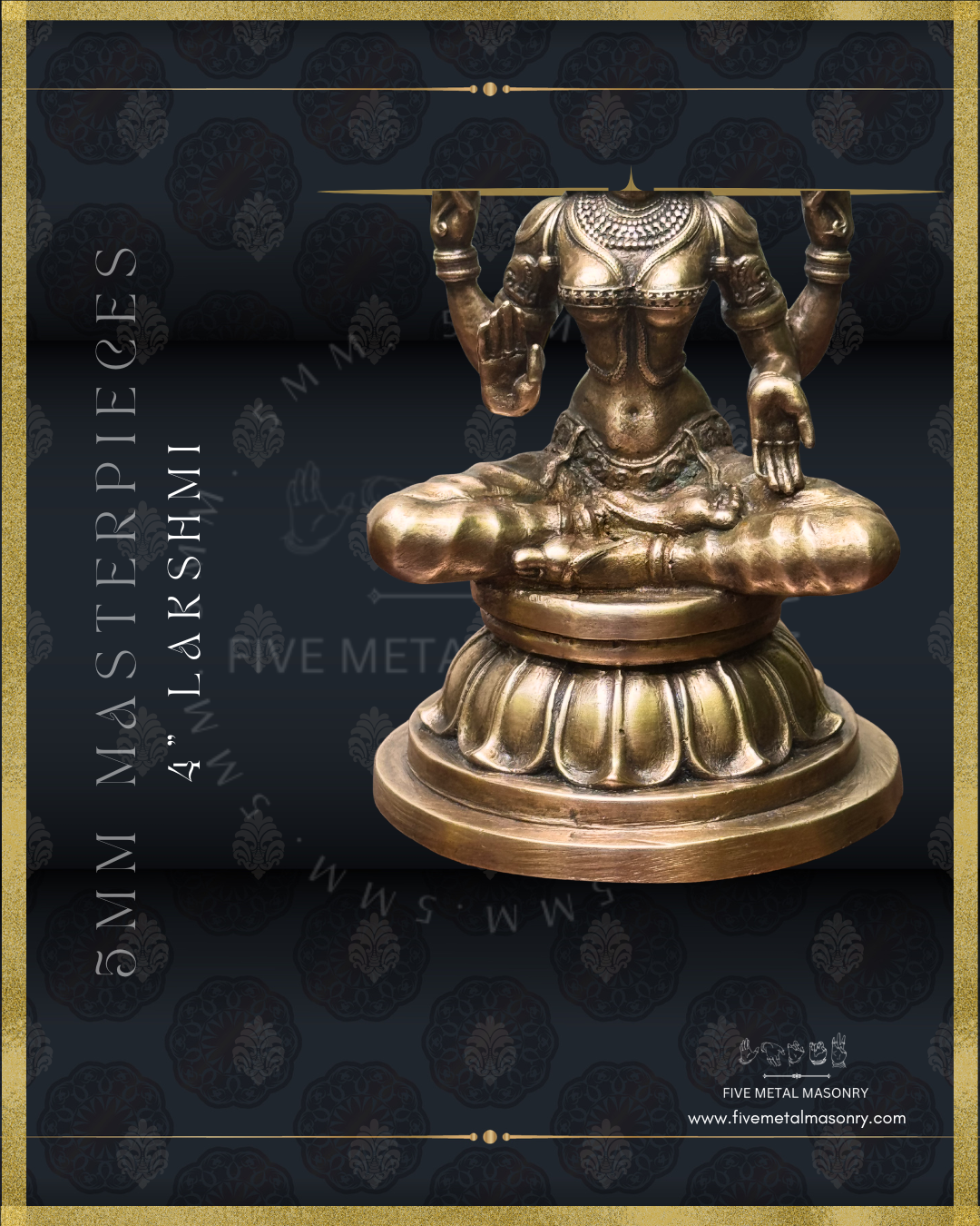 Closeup view of lower structure of panchaloha bronze seated Lakshmi icon from the Masterpieces collection in padmasana posture, holding lotus buds in the upper hands with lower hands in abhaya and varada hastas, featuring layered ornamentation and lotus pedestal in South Indian bronze style.
