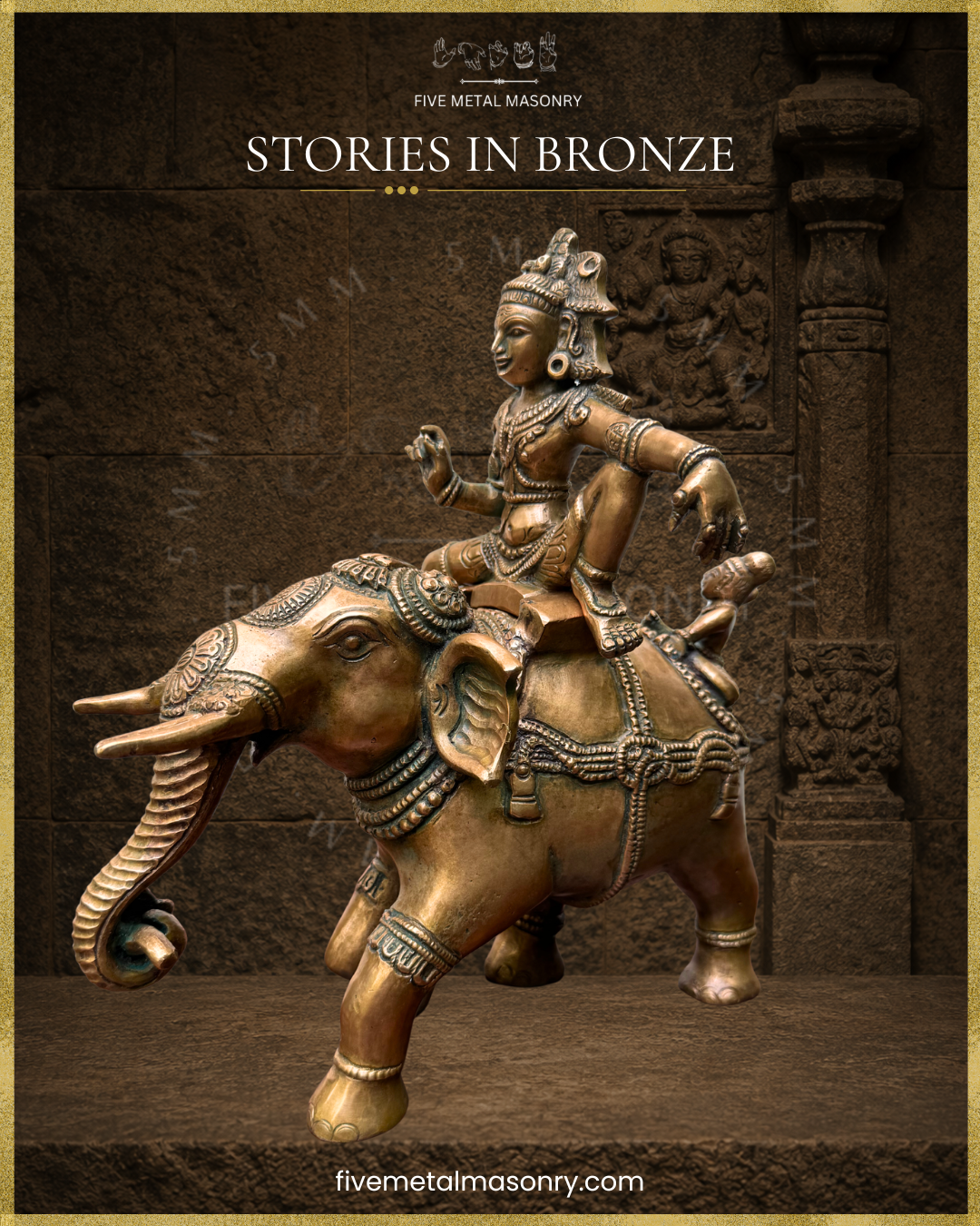 Side three-quarter view of handcrafted Panchaloha bronze Ayyanar Ula, depicting Ayyanar seated in utkutikasana on an ornamented elephant with the mahout clearly visible behind and a cluster of bananas held in the elephant’s trunk, from the Stories in Bronze Collection, aligned with silpa-sastra and South Indian iconographic tradition.