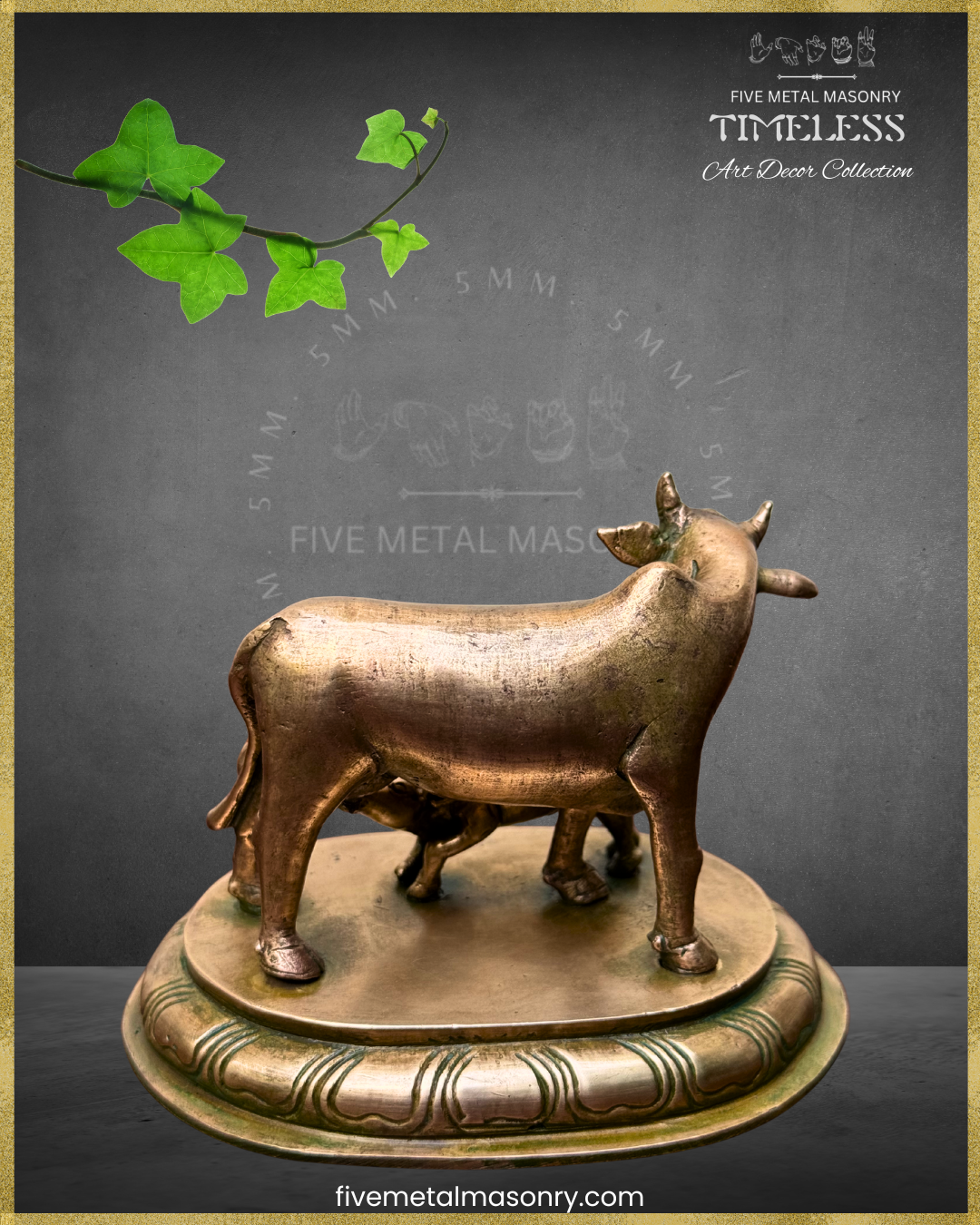 Bronze cow and calf statue on a dark background with Five Metal Masonry branding.