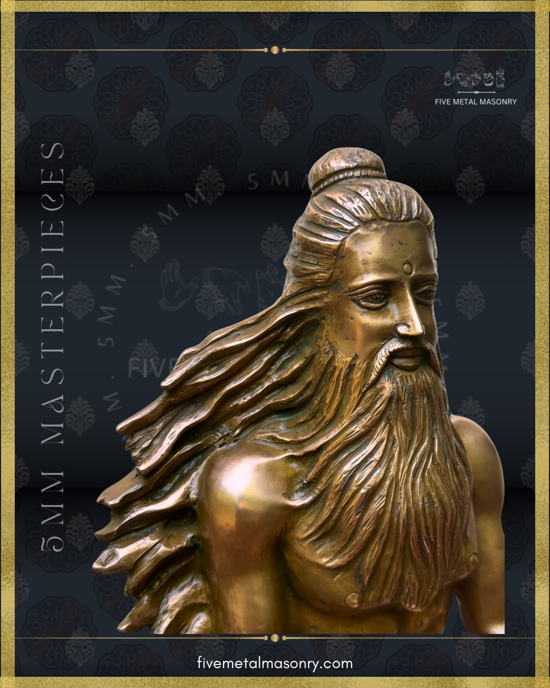 Three-quarter close-up of handcrafted Thirumoolar Saiva saint in Panchaloha bronze, highlighting the flowing jata, long beard and ascetic features, from the Masterpieces collection.