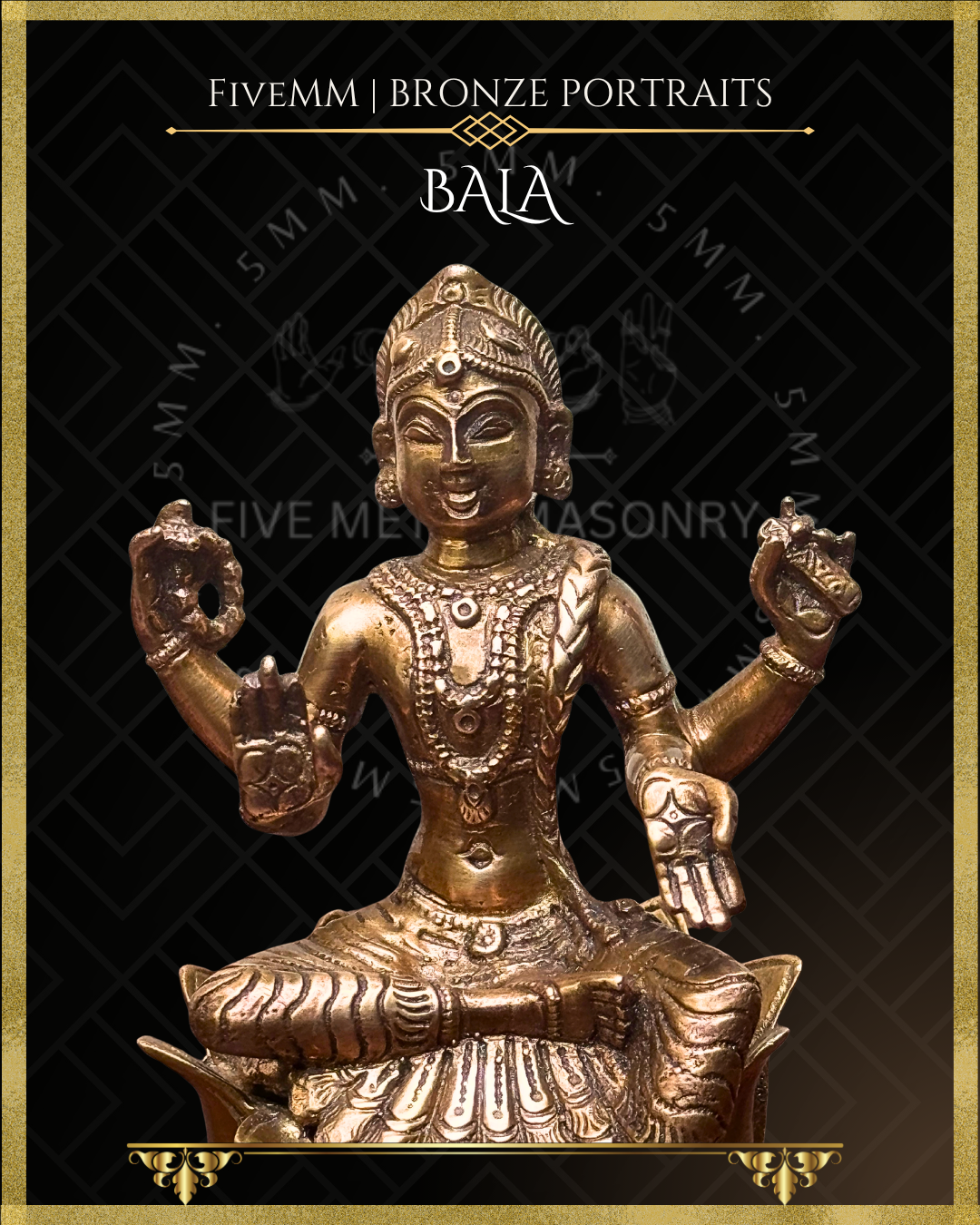 Closeup view of handcrafted Panchaloha bronze of four-armed Balambika or Bala tripurasundari seated in lalitasana on a full-blown lotus pitha, holding akshamala and pustaka with abhaya and varada hastas, following silpa-sastra and traditional iconography.
