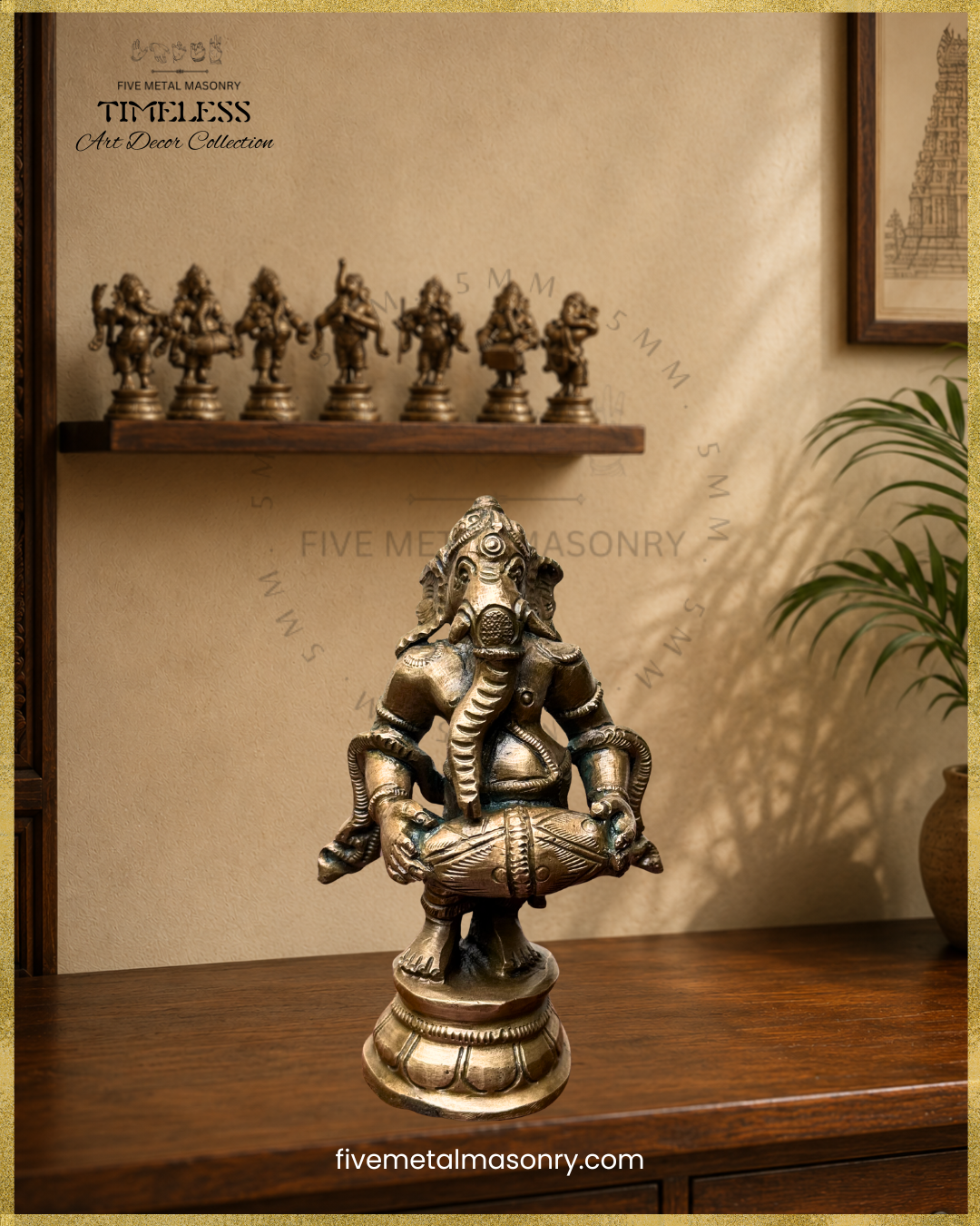 Close-up of a handcrafted panchaloha bronze Ganesha playing the mridangam, part of the Musical Ganesha Set from the Timeless Collection 