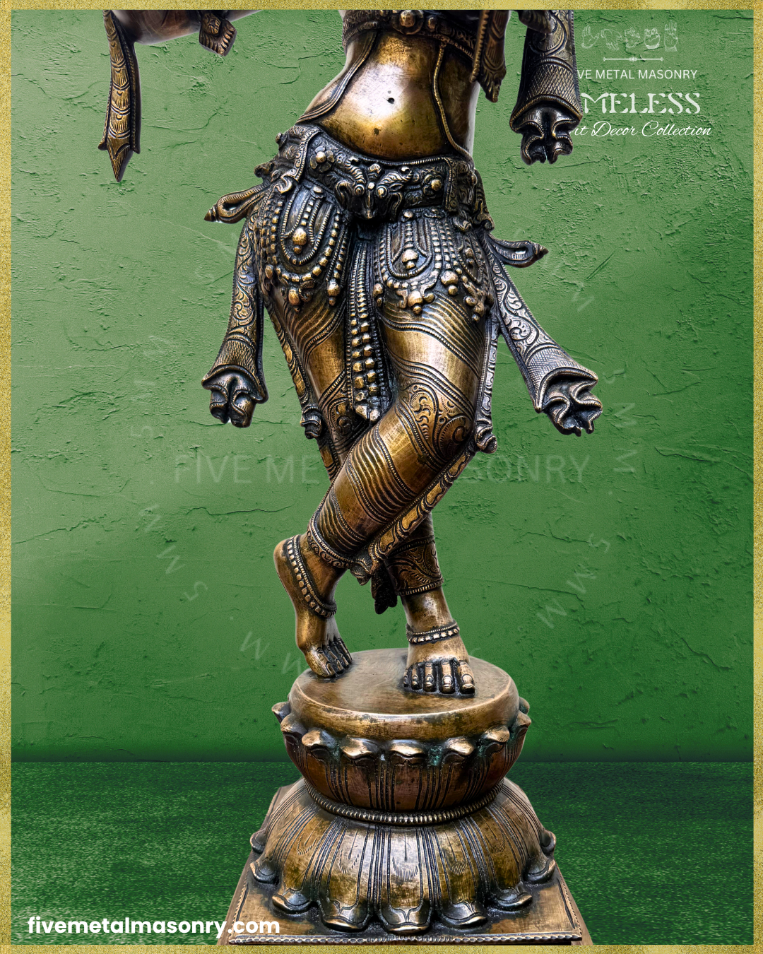 Close-up of handcrafted Panchaloha bronze Venugopala Krishna from Five Metal Masonry’s Timeless Collection, highlighting the crossed-leg svastikasana, elaborate katibandha, layered urudama hip chains, detailed drapery, anklets and double-lotus pedestal, with Silpasastra-inspired iconography.