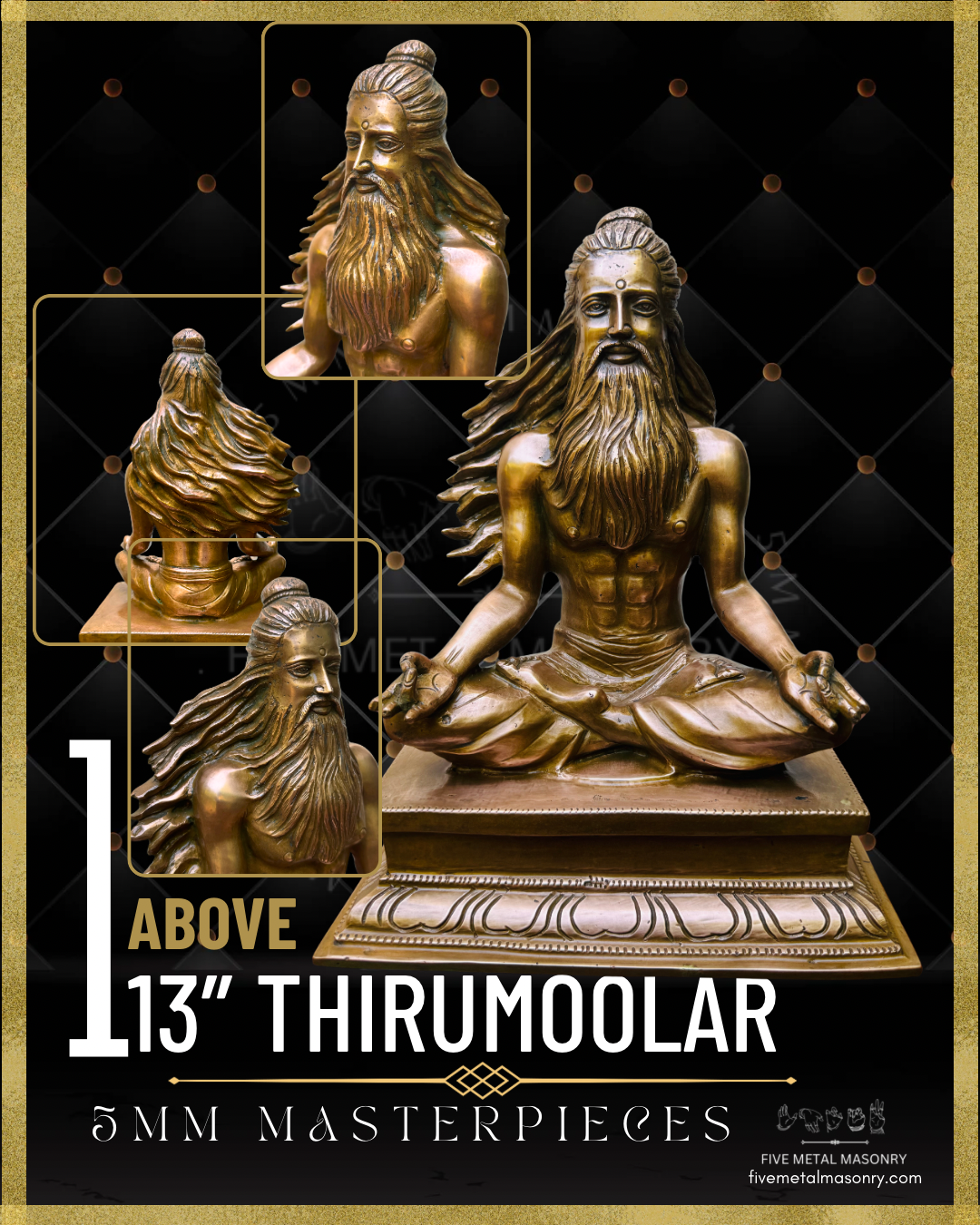 Handcrafted Thirumoolar Saiva saint in Panchaloha bronze, seated in meditation with flowing jata, long beard and tiered pedestal, from the Masterpieces collection.
