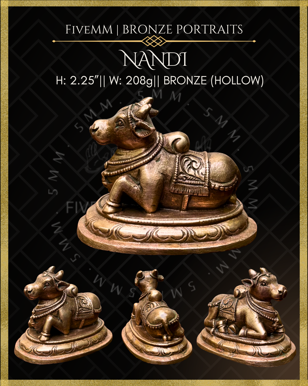 Nandi Panchaloha Bronze statue – per Shilpa Sastra iconography, handcrafted by lost wax casting – All angles view