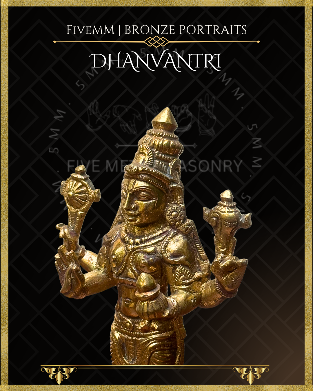 Close-up left side view of handcrafted Dhanvantari Panchaloha bronze statue showing the serene face, kiritamakuta, urdhvapundra, chakra and sankha in the upper hands, jalauka and amrta-kalasa in the lower hands, with detailed traditional ornamentation crafted in the silpa-sastra and traditional iconographic tradition.