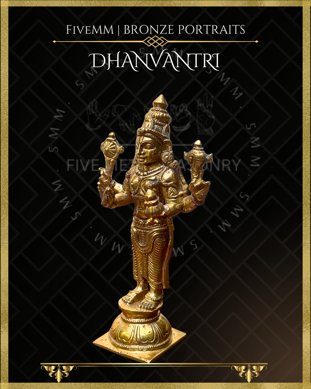 Left profile view of Handcrafted Dhanvantari Panchaloha bronze statue in standing samabhanga posture, with four arms holding chakra, sankha, jalauka and amrta-kalasa, detailed kiritamakuta, traditional ornaments and padma pitha, crafted in the silpa-sastra and traditional iconographic tradition.