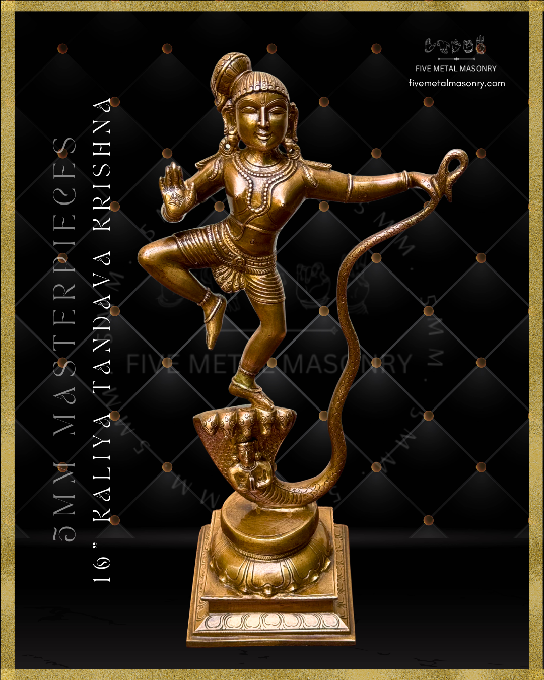 Front view of handcrafted Panchaloha bronze of Kaliya Tandava Krishna from our Masterpieces Collection, depicting Krishna dancing on the multi-hooded serpent Kaliya and holding his curving tail, aligned with Silpa Sastra principles and South Indian iconographic tradition.