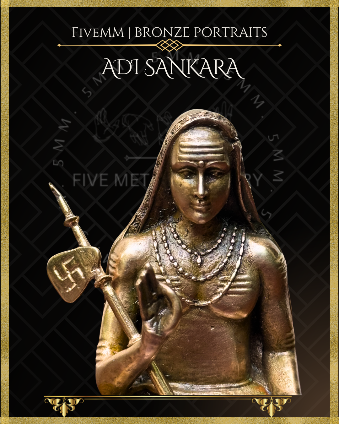 Close up of Handcrafted Panchaloha bronze icon of Adi Shankara seated on a tiger skin, holding a Danda and Jnana Mudra . 