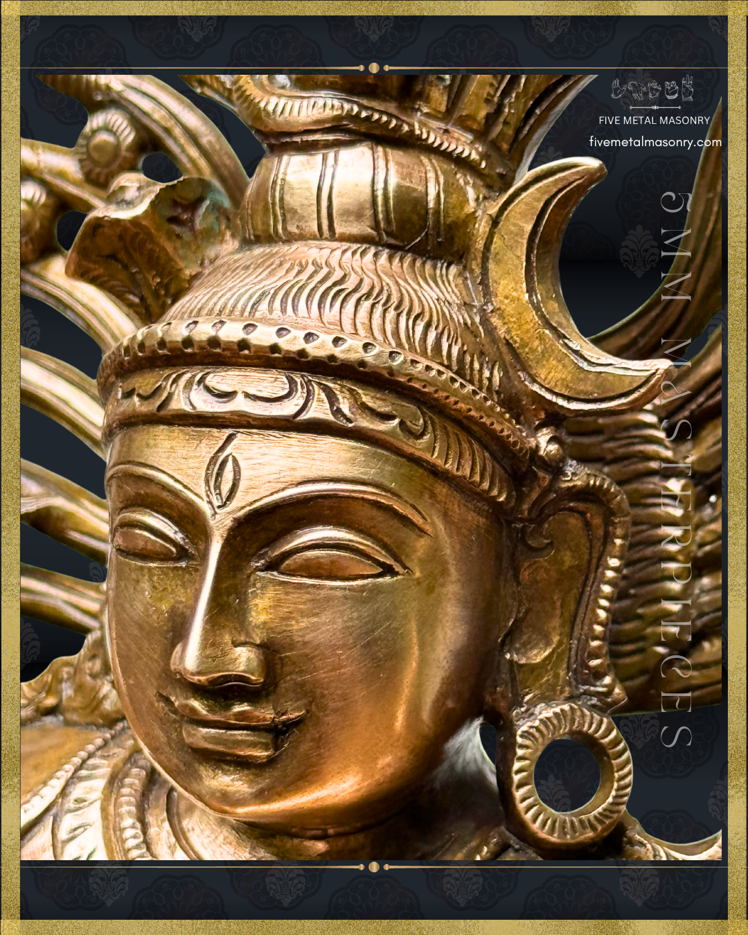 Close-up of Panchaloha bronze Nataraja icon from the 5MM Masterpieces collection, highlighting the serene face, third eye, crescent moon, circular patra kundala, flowing jata, and refined sculptural detailing in the South Indian iconographic tradition.