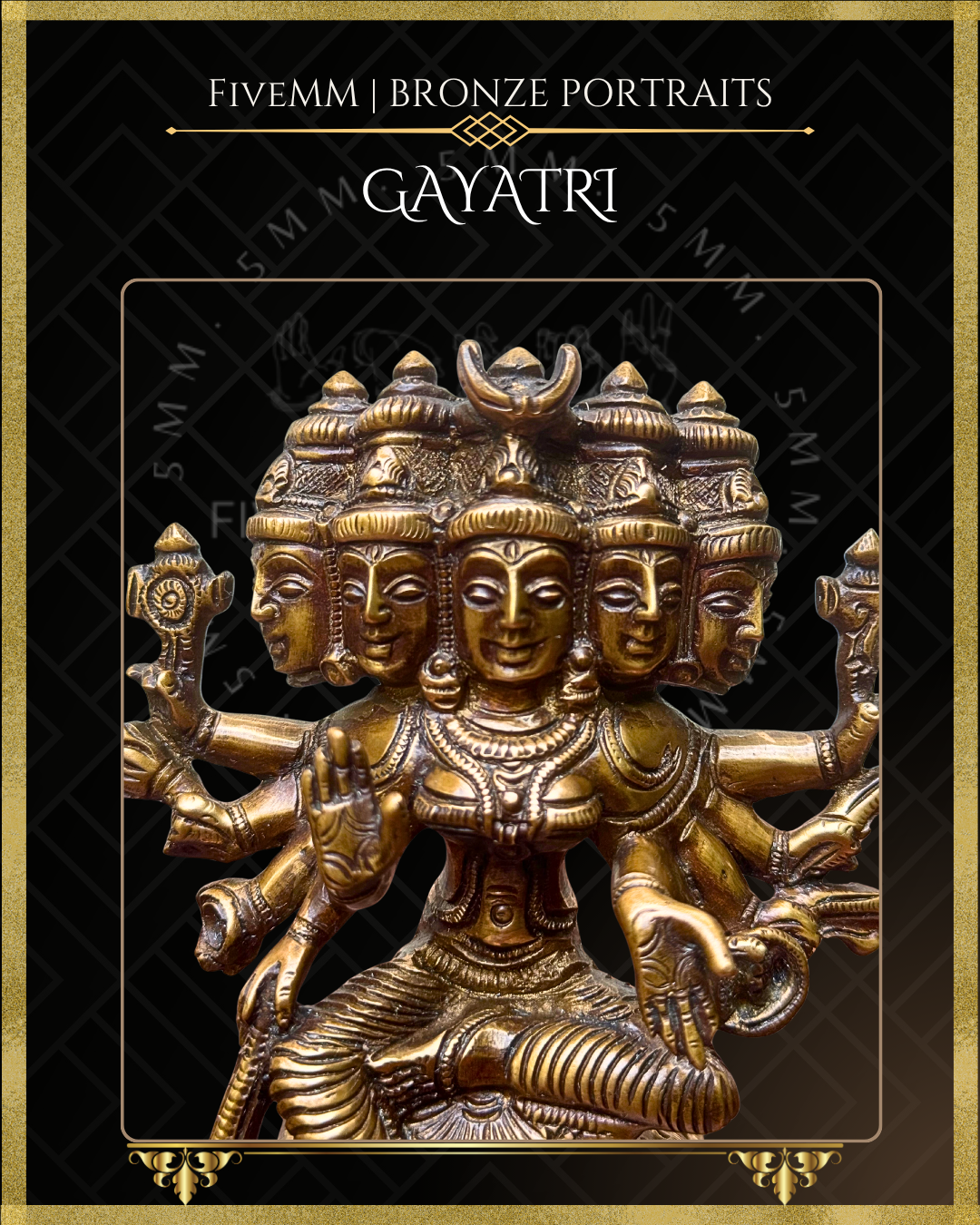 Front closeup view of Handcrafted Panchaloha bronze of five-headed, ten-armed Gayatri Devi seated in lalitasana on a padma pitha, holding multiple ayudhas and attributes, following silpa-sastra and traditional iconographic tradition.