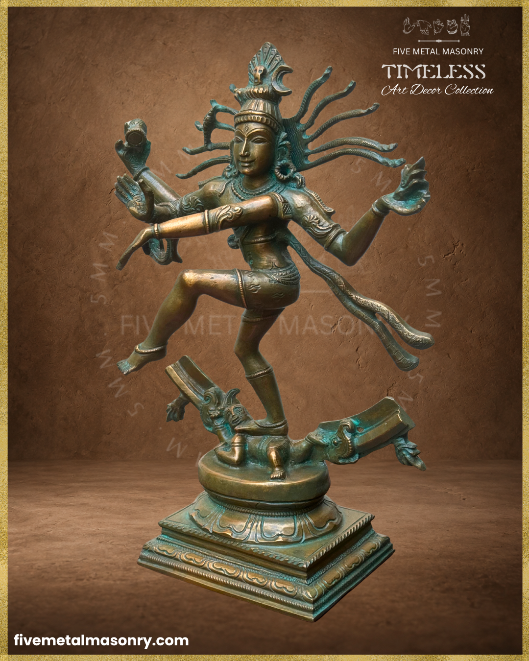 Left profile view of Thiruvalangadu style handcrafted Nataraja Panchaloha bronze from the Timeless collection, shown in ananda-tandava with an unfinished prabhamandala, flowing jatas and Apasmara beneath the feet.