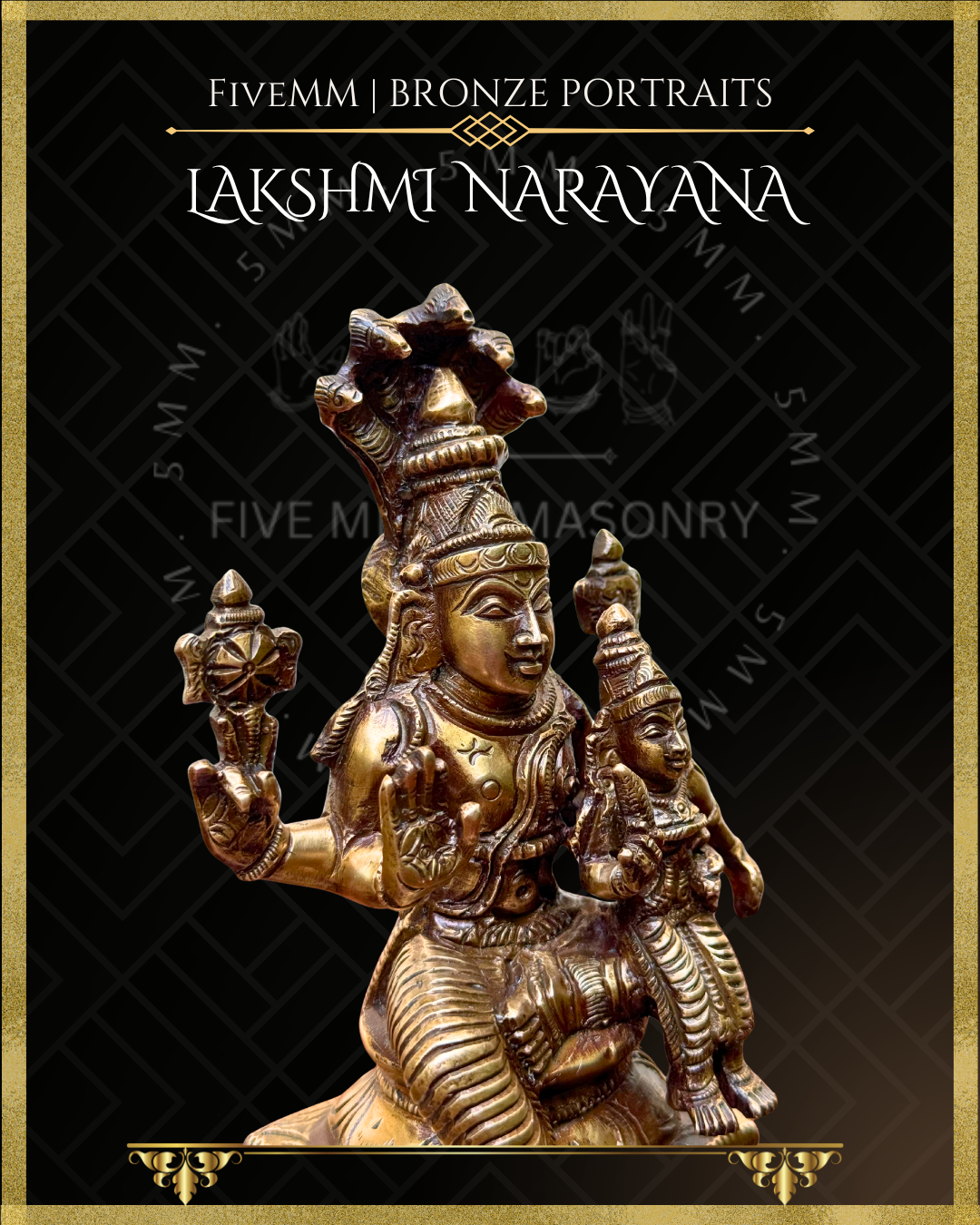 Close up right side view of Handcrafted Lakshmi Narayana Panchaloha bronze with Narayana seated in lalitasana beneath five-hooded Adi Sesha, holding cakra and sankha, with Lakshmi seated on his lap holding a padma, crafted in the South Indian silpa-sastra and traditional iconographic tradition.