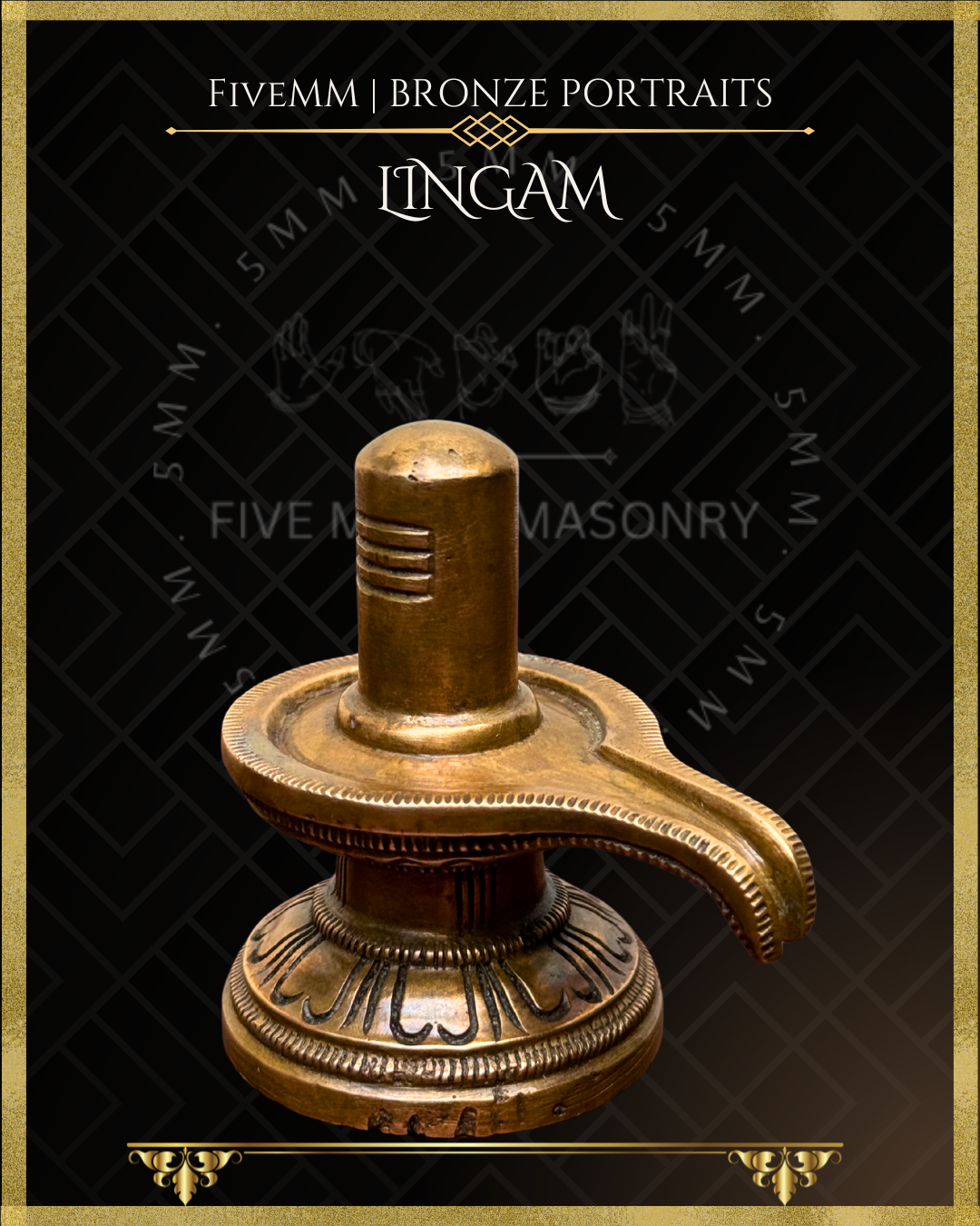 Panchaloha Bronze Lingam sculpture with 'Five Metal Masonry' branding on a black background
