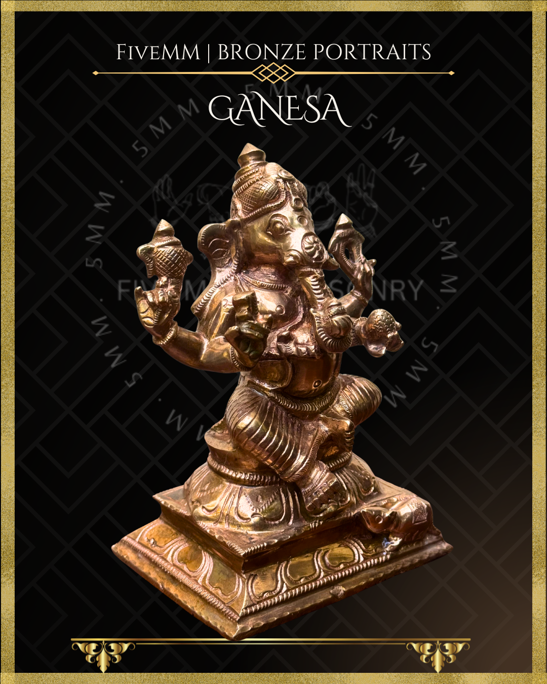 Right profile view of handcrafted Panchaloha bronze Ganesha, silpa-sastra aligned and rooted in the South Indian iconographic tradition, four-armed and seated in lalitasana, holding ankusa, pasa, danta and modaka, with musika at the pedestal.
