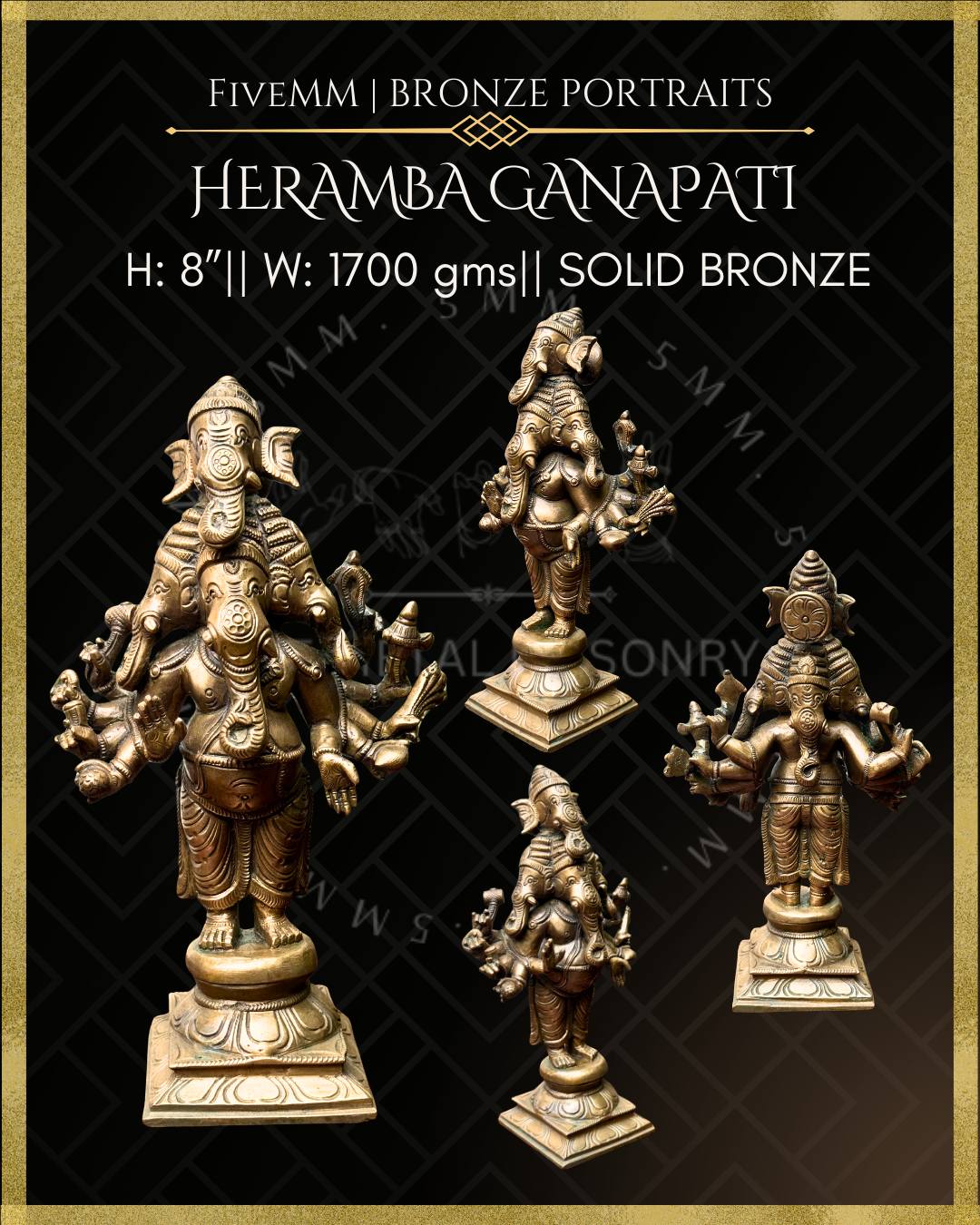 Bronze statue of Heramba Ganapati with product details on a dark background