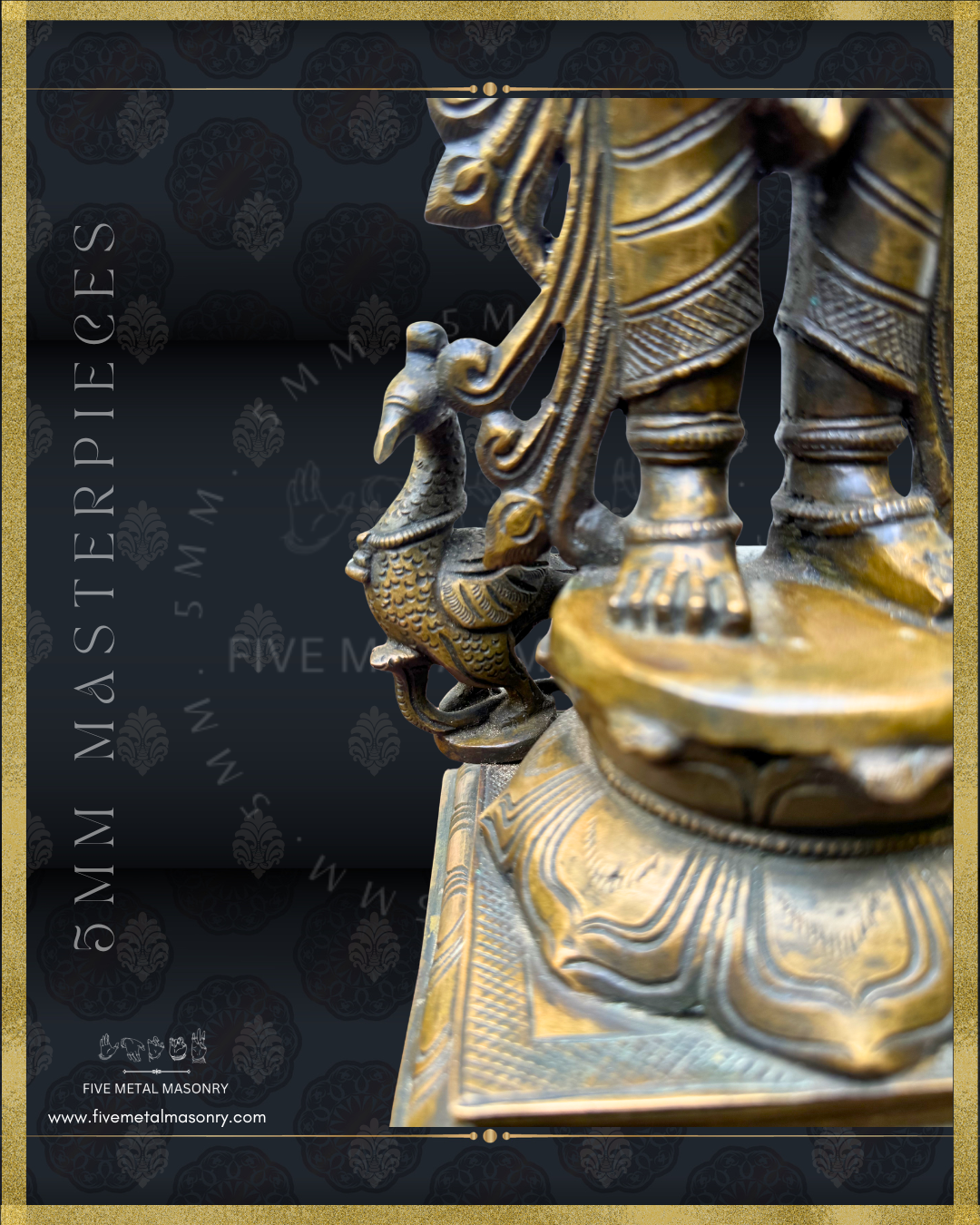 Murugan Panchaloha Bronze statue -  Masterpieces Collection - Iconography per Shilpa Sastra, handcrafted lost wax casting- peacock closeup