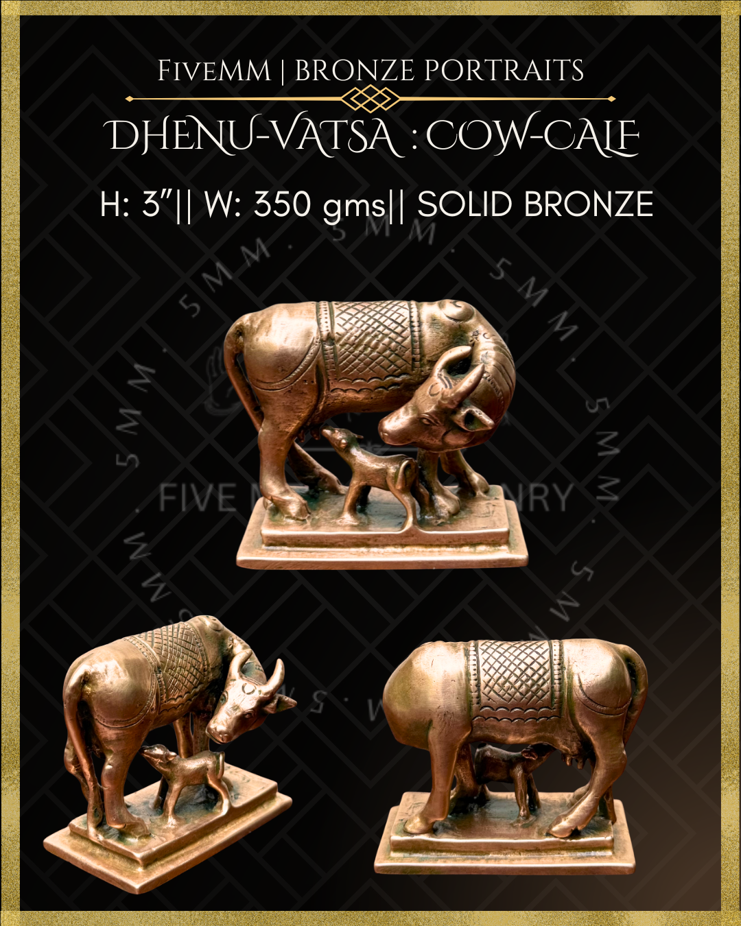 Bronze sculpture of a cow and calf with Fivemm branding on a dark background