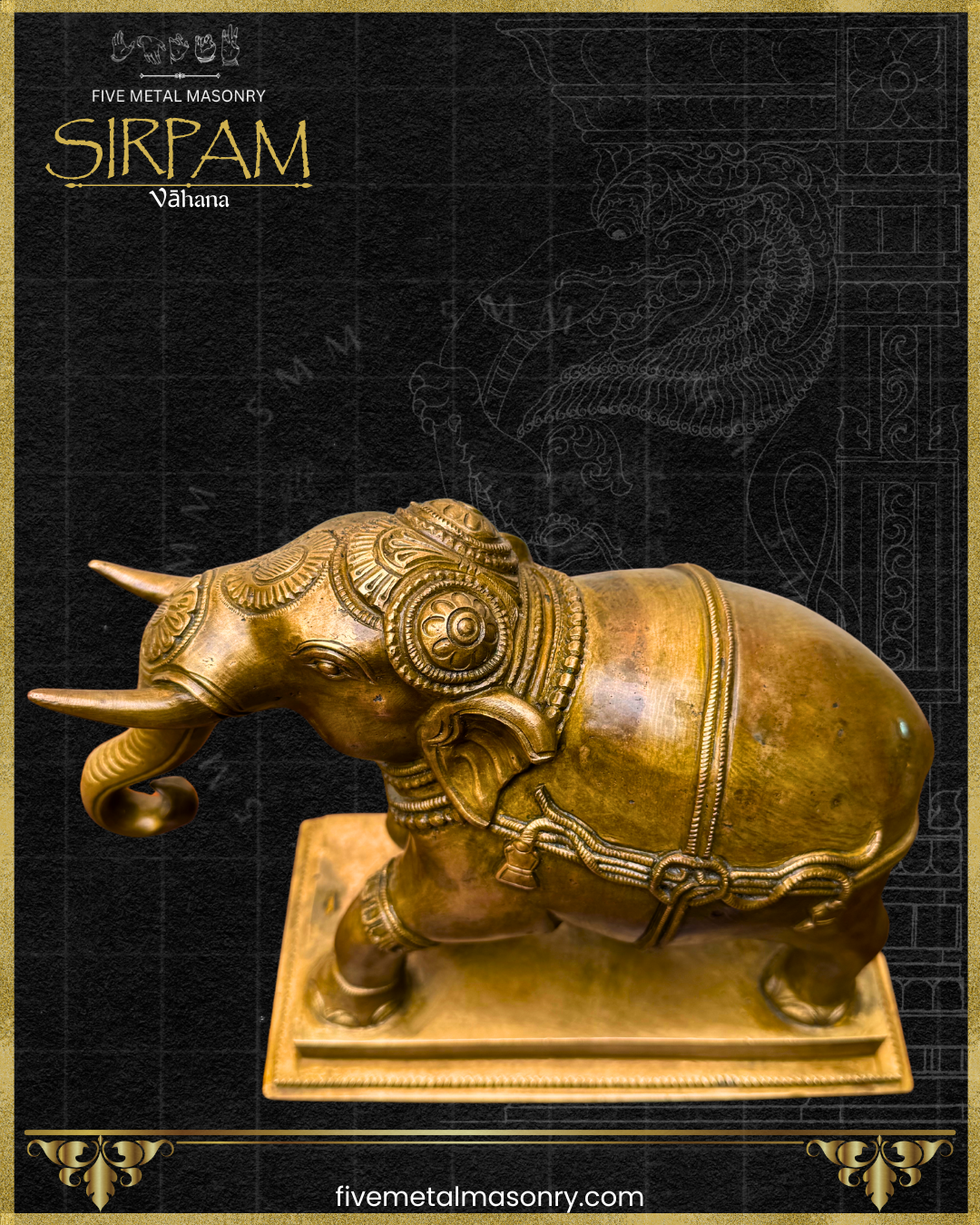 Decorative brass elephant statue on a black background with 'Five Metal Masonry' branding.