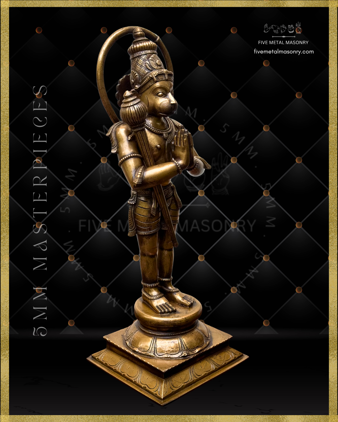 Bronze statue of Hanuman on a black background with 'Five Metal Masonry' branding.