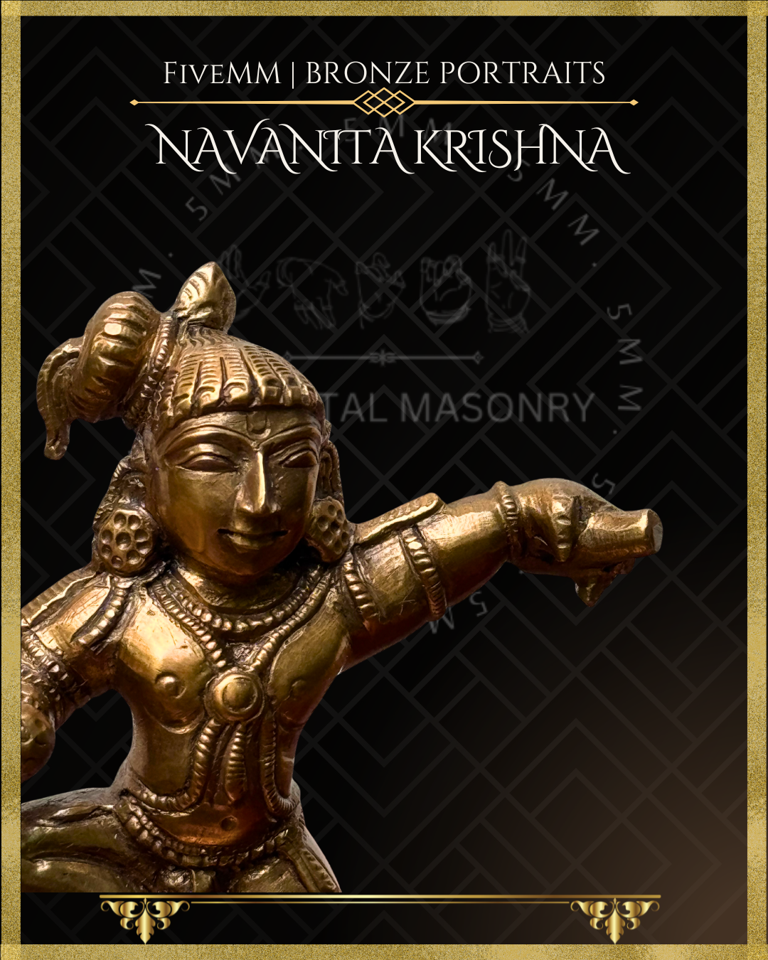 Detail view of handcrafted Panchaloha Navanita Krishna bronze icon, highlighting Bala Krishna’s expressive face, Vaishnava mark on forehead, distinctive coiffure, large kundalas, finely modelled torso and traditional Silpasastra-inspired ornamentation.