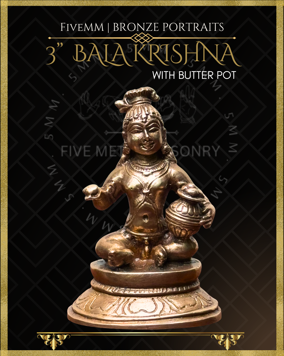 Handcrafted Panchaloha bronze of Bala Krishna seated on a lotus pedestal, holding a ball of butter and a decorated butter pot, crafted according to traditional Shilpasastra iconography.