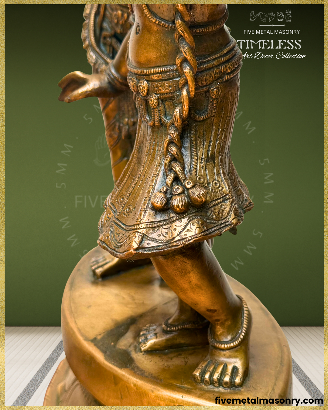 Side close-up view of Radha in the handcrafted Panchaloha bronze Radha Krishna sculpture from the Timeless Collection, highlighting the finely detailed lower garment, ornamented waist belt, long braided hair with tasselled ends, anklets and flexed-leg stance.