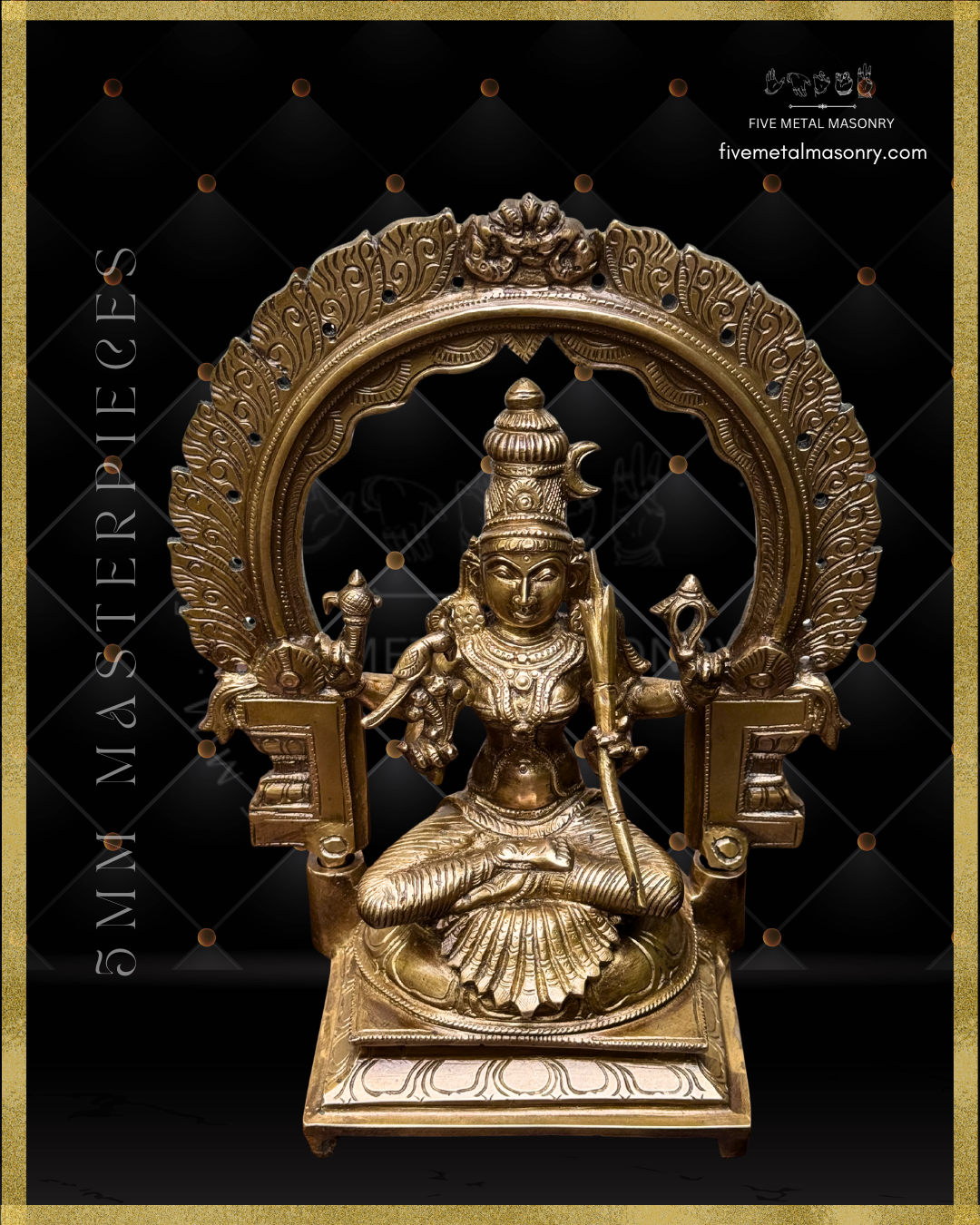 Top angle view of Panchaloha bronze Kamakshi statue seated beneath ornate prabhavali arch, showing four-armed South Indian iconographic form with detailed ornaments and karanda makuta from the Masterpieces collection by Five Metal Masonry.