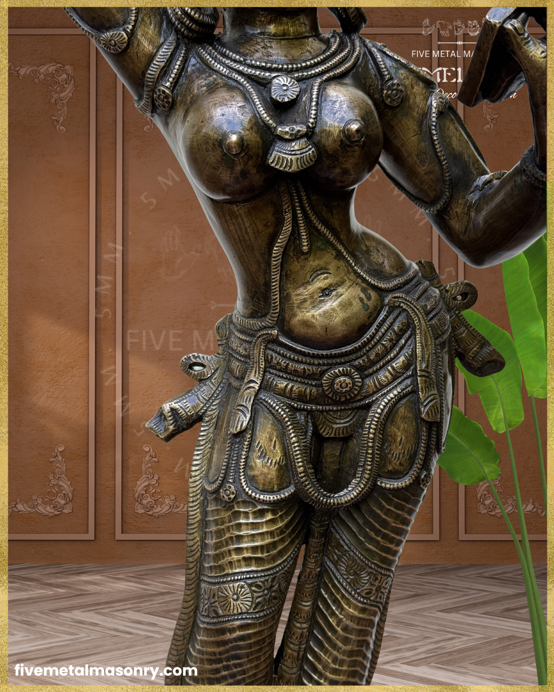 Close-up of a handcrafted Panchaloha bronze Darpana Sundari icon from the Timeless Collection, highlighting the gracefully modelled torso, layered necklaces, ornate waist belt, detailed lower garment, and antique patina with intricate traditional craftsmanship.