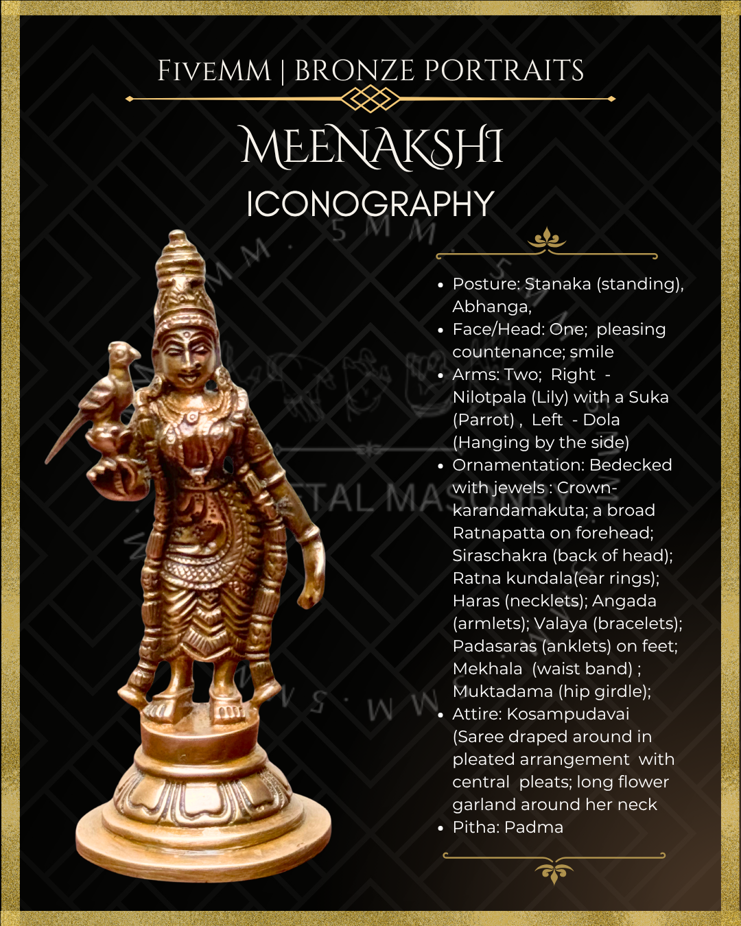 Bronze statue of Meenakshi with iconography details on a black background