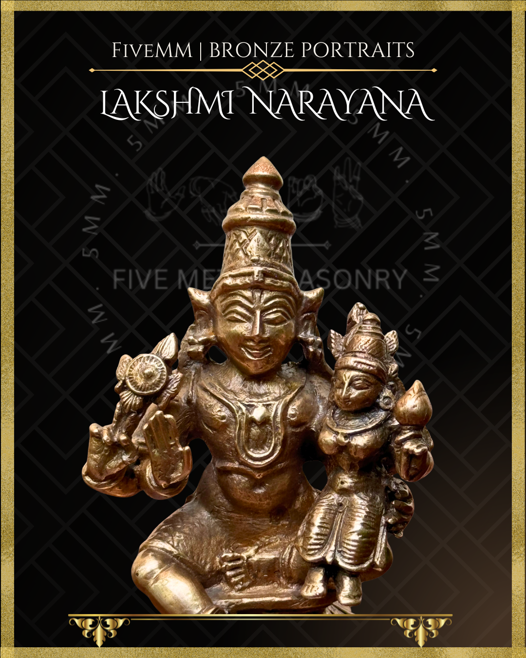 Close up view of Handcrafted Lakshmi Narayana Panchaloha bronze statue with silpa-sastra aligned iconographic detailing, chakra and sankha, lower right hand in abhaya, and Lakshmi seated on Narayana’s left thigh.