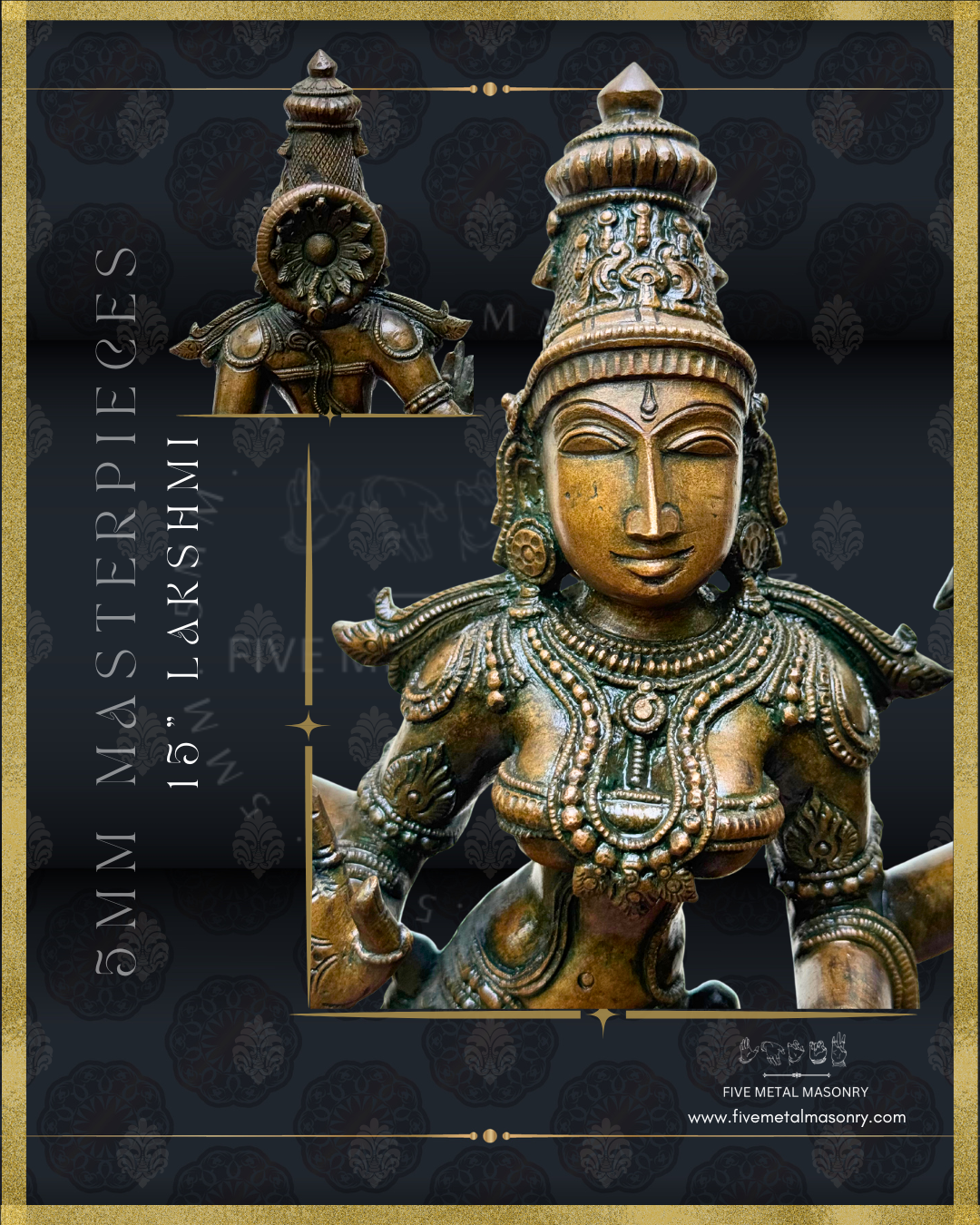 Lakshmi Standing Panchaloha Bronze statue, Masterpieces Collection – Shilpa Sastra iconography, handcrafted lost wax casting – Head front and back close-up view