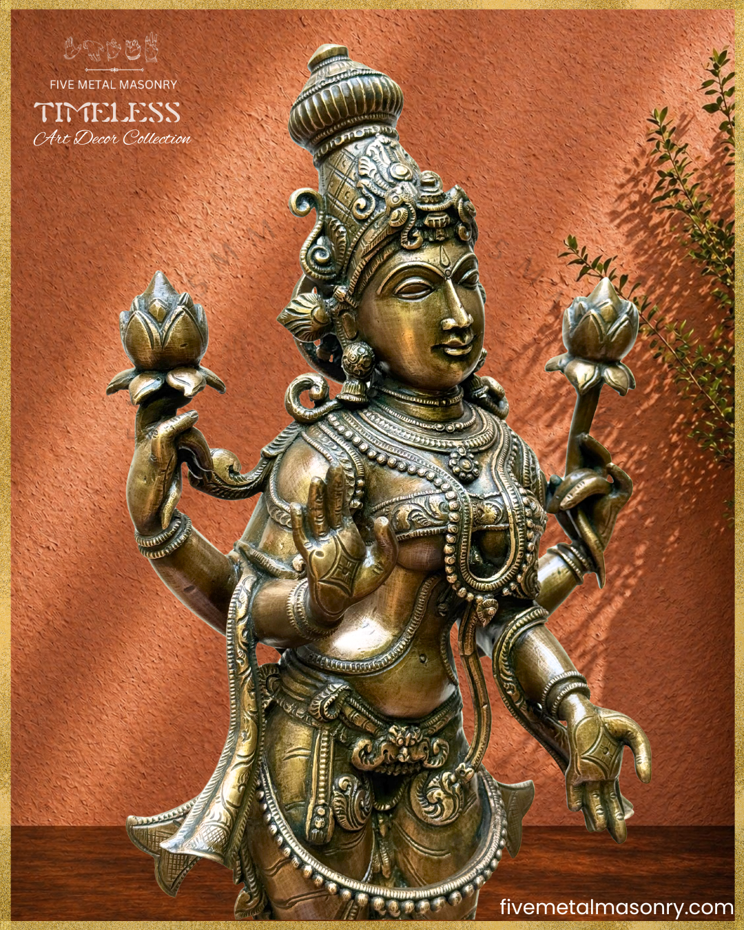 Close-up side view of Lakshmi panchaloha bronze showing intricate iconographic detailing