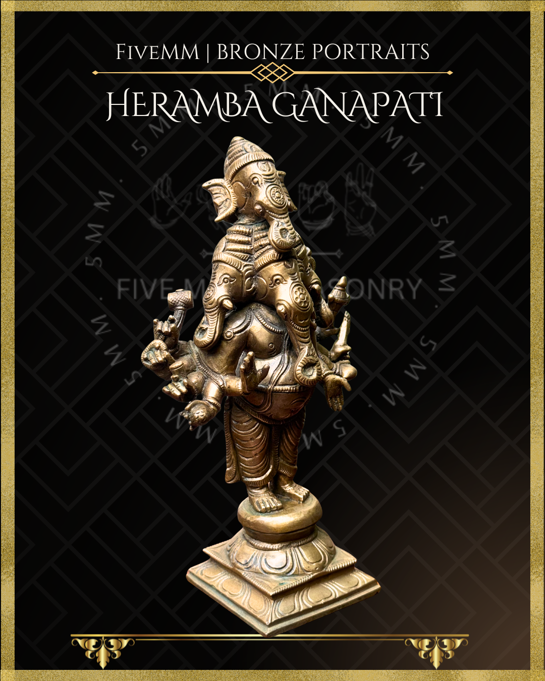 Heramba Ganapati Panchaloha Bronze statue – per Shilpa Sastra iconography, handcrafted by lost wax casting – right facing view