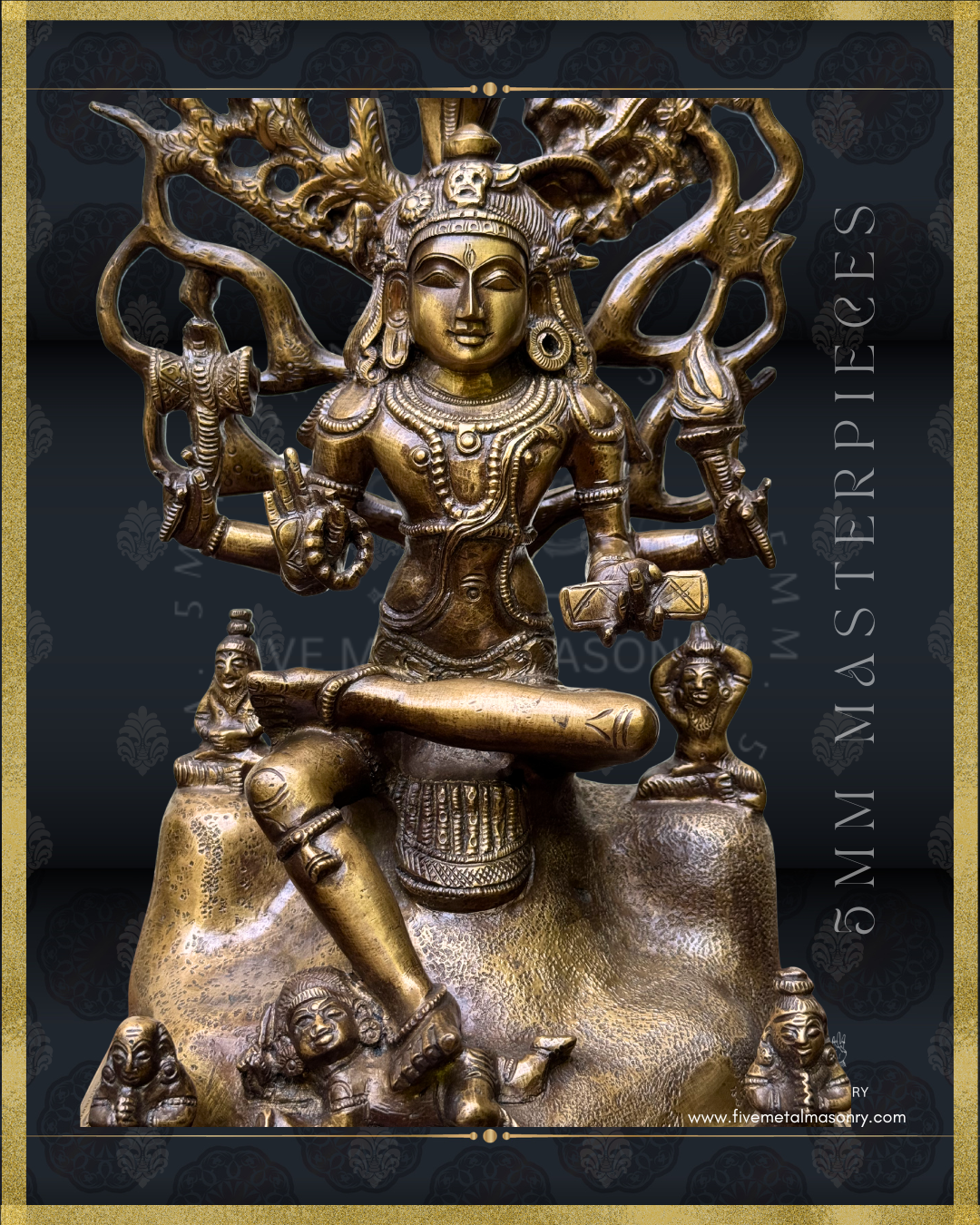 Closer view of Handcrafted Panchaloha bronze Dakshinamurti statue, crafted according to Shilpasastra principles, featuring traditional South Indian iconography of Shiva seated in virasana, holding the damaru, agni, akshamala and pustaka, with his foot placed upon Apasmara and sages seated below.
