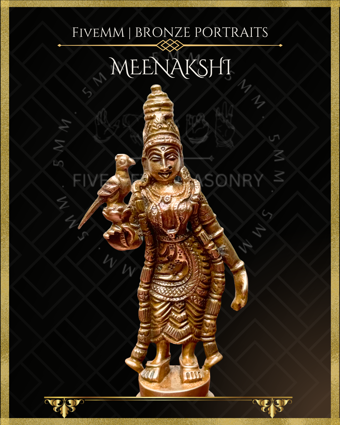 Panchaloha Bronze statue of Parvati as Meenakshi with parrot on a black background with 'Fivemm' branding.
