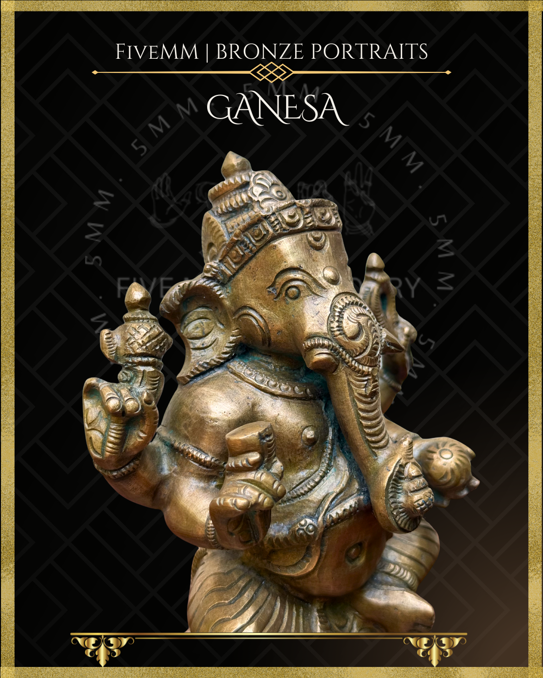Bronze statue of Ganesha with decorative arch on a black background, featuring 5MM branding.