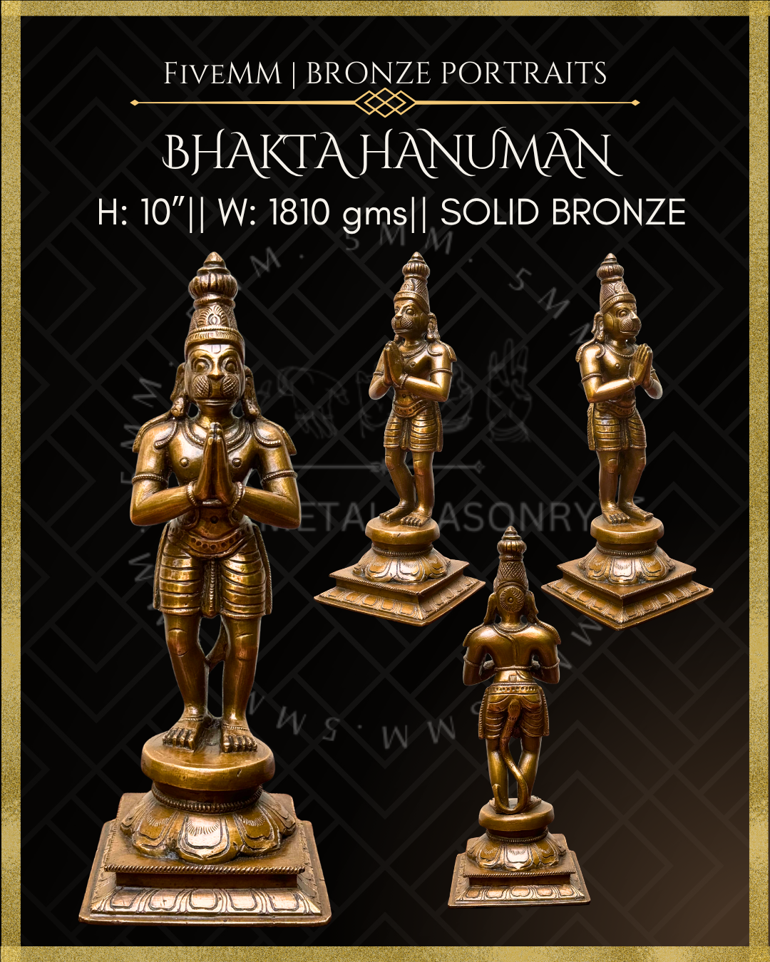 Dimensions and multiple angle views of Handcrafted Bhakta Hanuman Panchaloha bronze statue in anjali hasta with slightly bent knees, detailed in traditional South Indian silpa-sastra iconography.