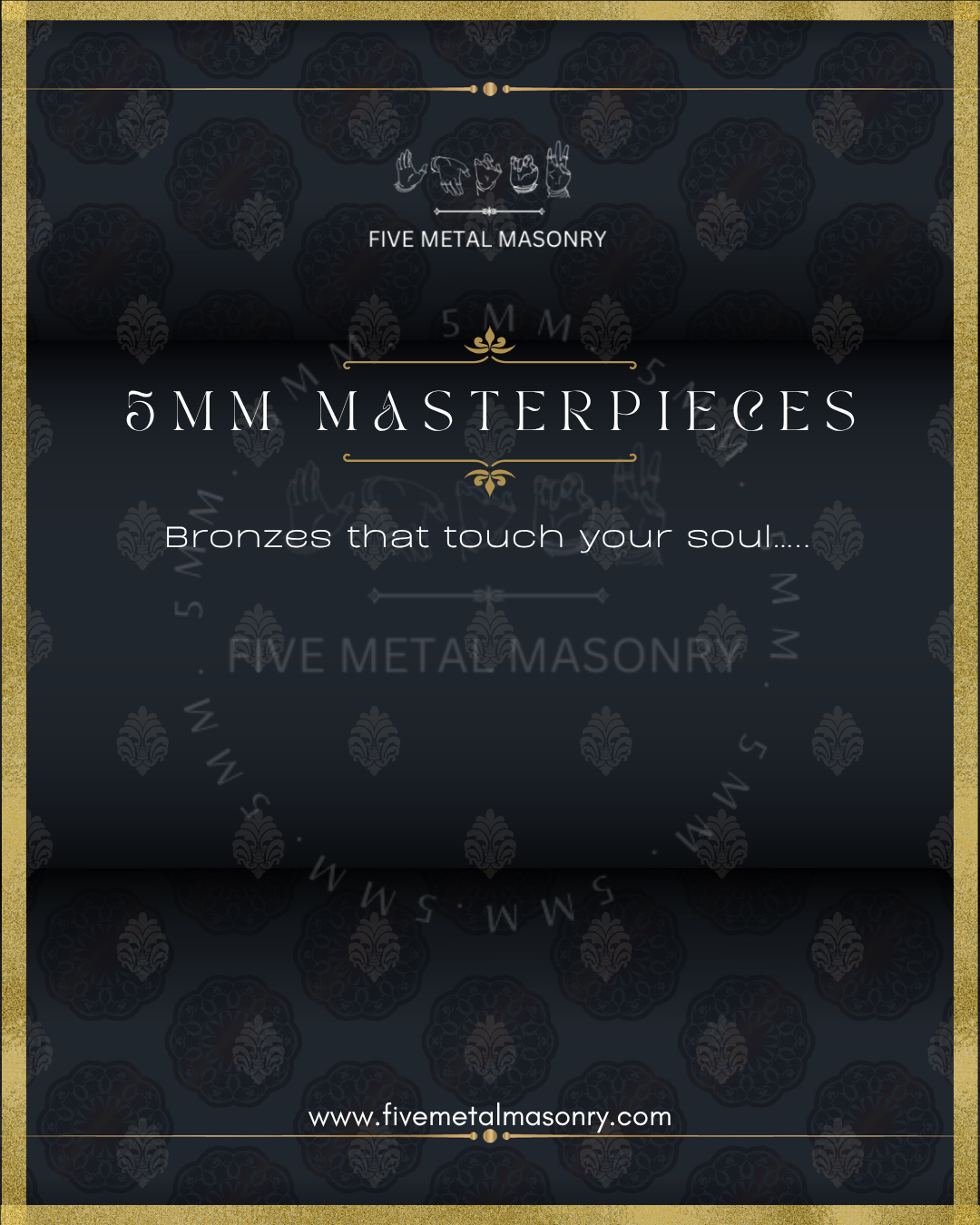 Promotional poster for Five Metal Masonry featuring '5MM Masterpieces' on a dark background with gold accents.