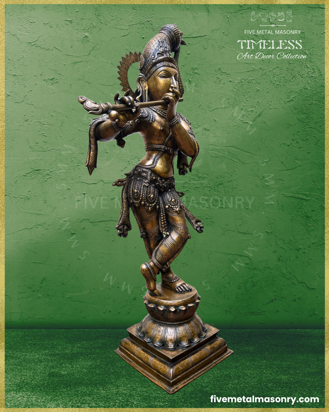 Left profile view of Handcrafted Panchaloha bronze Venugopala Krishna from Five Metal Masonry’s Timeless Collection, standing in svastikasana and playing the venu, with an elongated kesa-bandha decorated with floral motifs, peacock feathers and tassels, detailed ornaments and Silpasastra-inspired iconography.