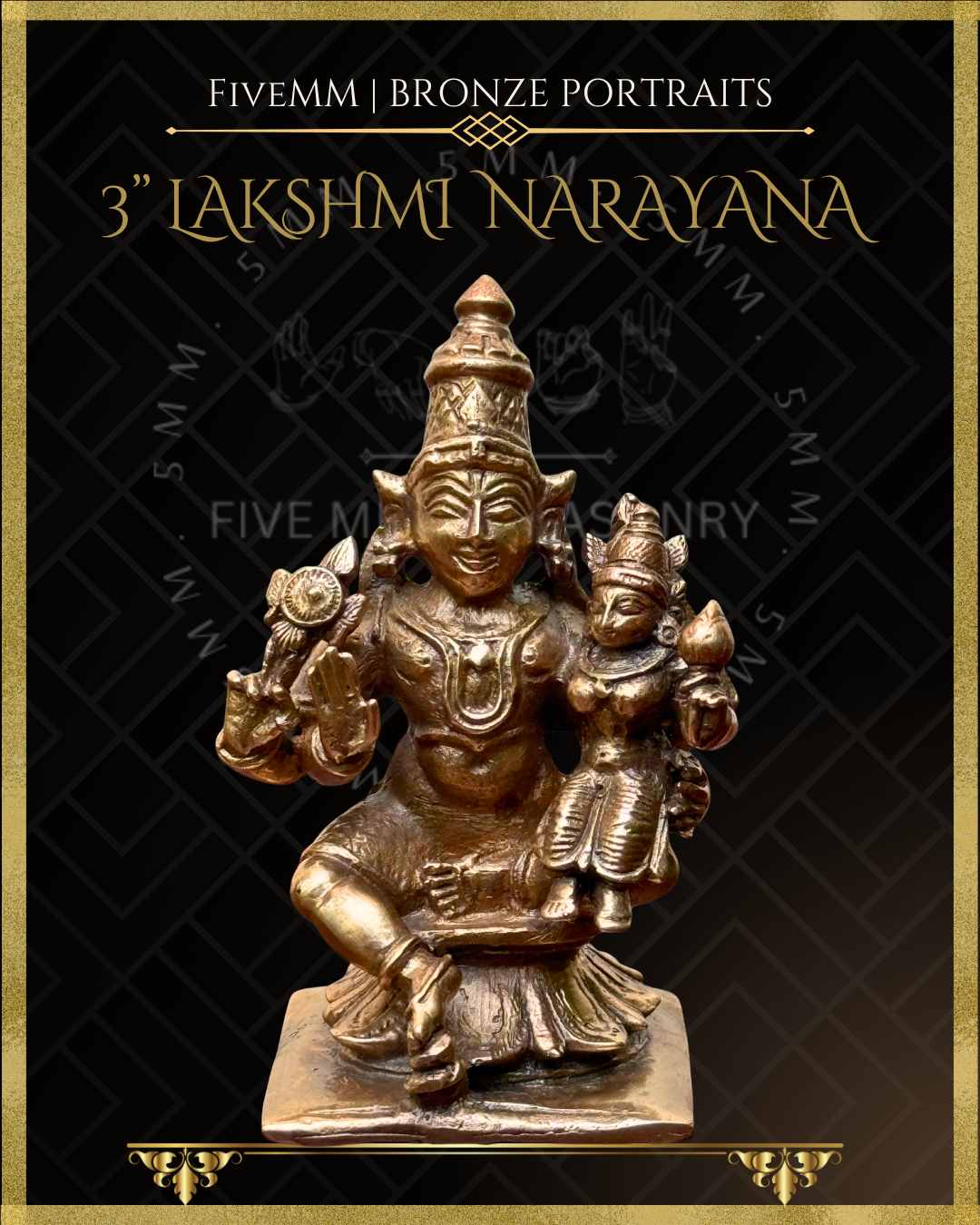 Handcrafted Lakshmi Narayana Panchaloha bronze statue with silpa-sastra aligned iconographic detailing, chakra and sankha, lower right hand in abhaya, and Lakshmi seated on Narayana’s left thigh.