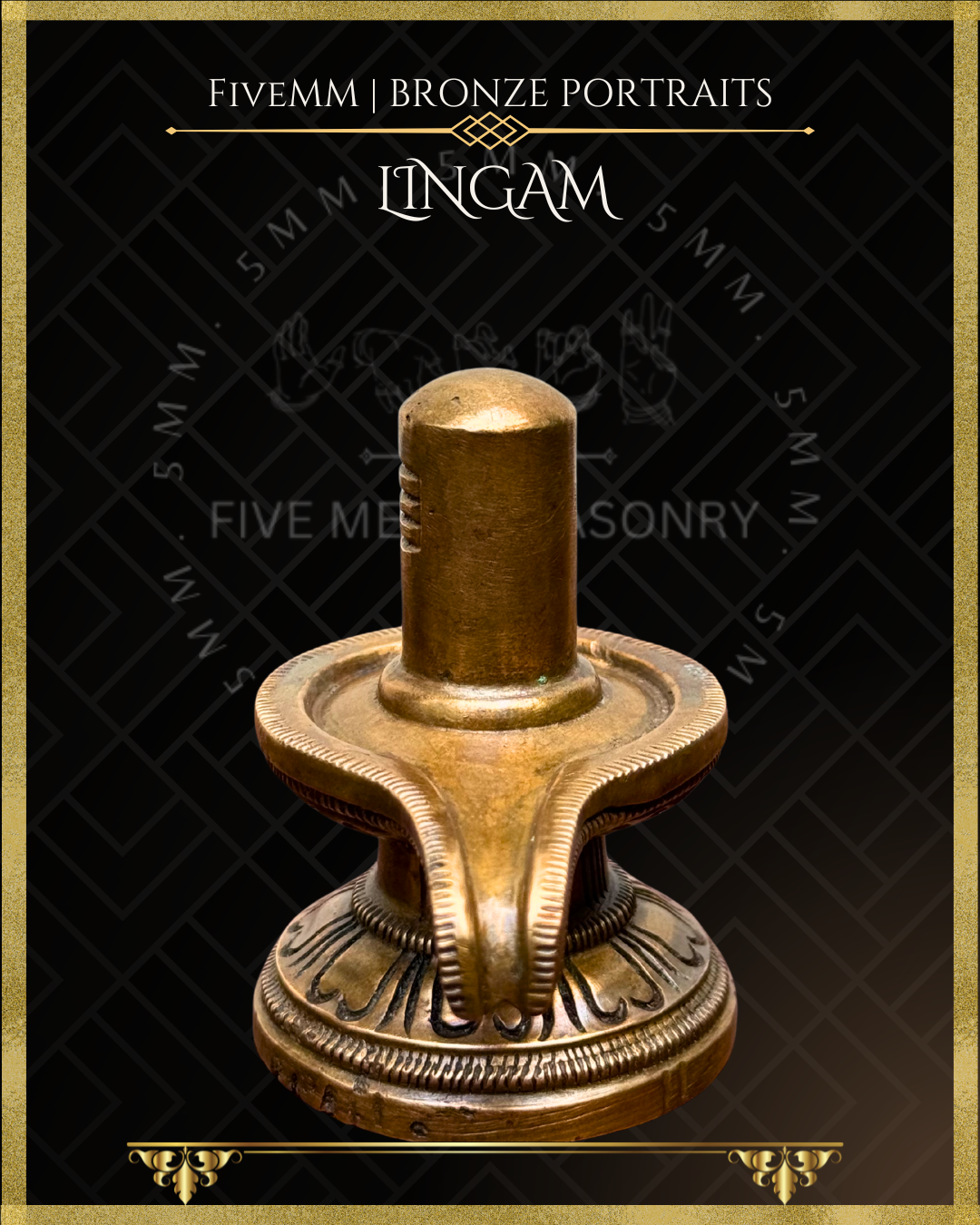 Panchaloha Bronze Lingam sculpture with 'Five Metal Masonry' branding on a black background