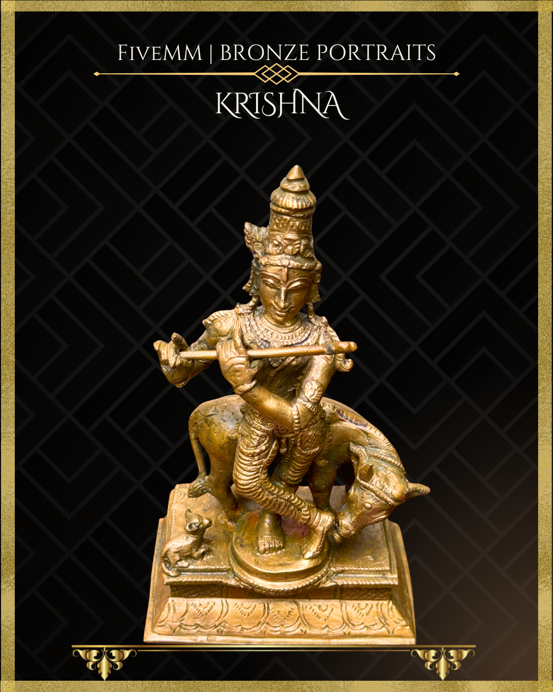 krishna with cow Panchaloha Bronze statue – Shilpa Sastra iconography, handcrafted lost wax casting – Top angle view