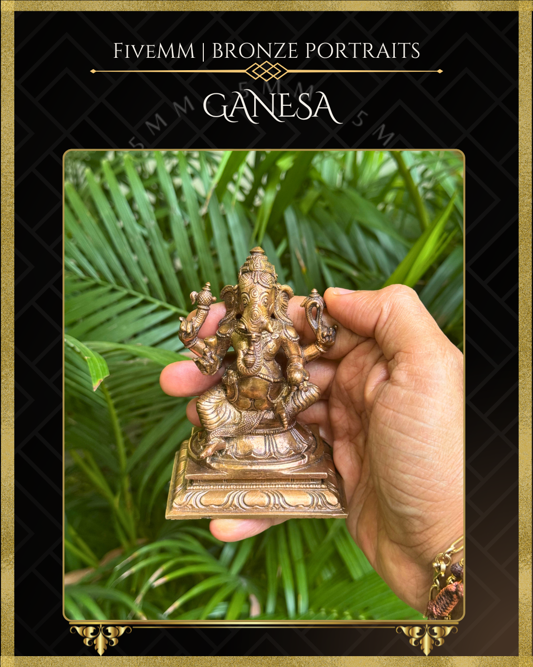 Handheld view of Handcrafted Ganesha in Panchaloha bronze, silpa-sastra aligned and rooted in the South Indian iconographic tradition, four-armed and seated in lalitasana, holding ankusa, pasa, danta and modaka with detailed crown, ornaments and draped lower garment.