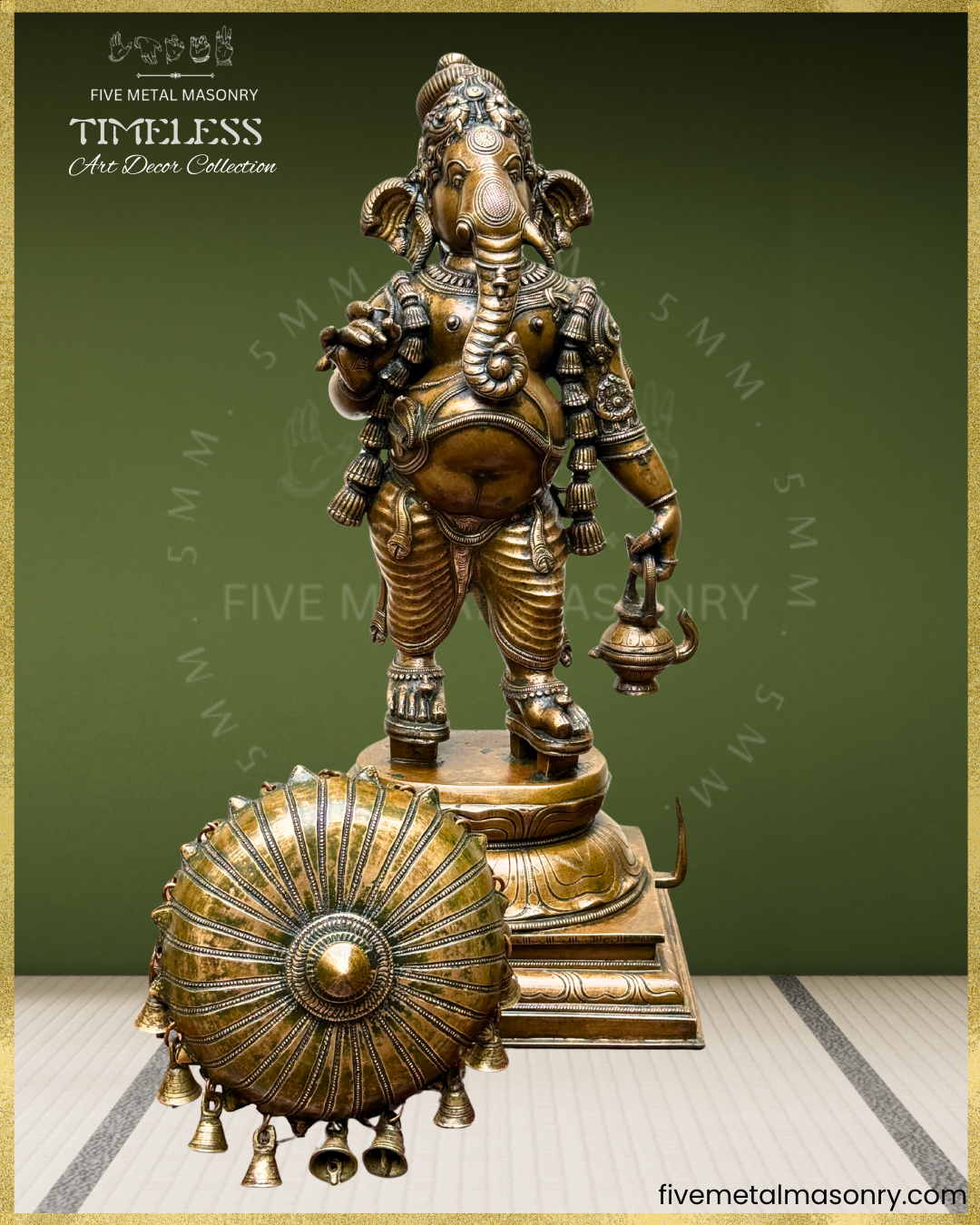 Panchaloha bronze Ganesha with detachable ceremonial umbrella and fixed kamandalu, standing in graceful yanaka posture, adorned with layered ornaments, karanda makuta and detailed South Indian sculptural craftsmanship from the Timeless collection.