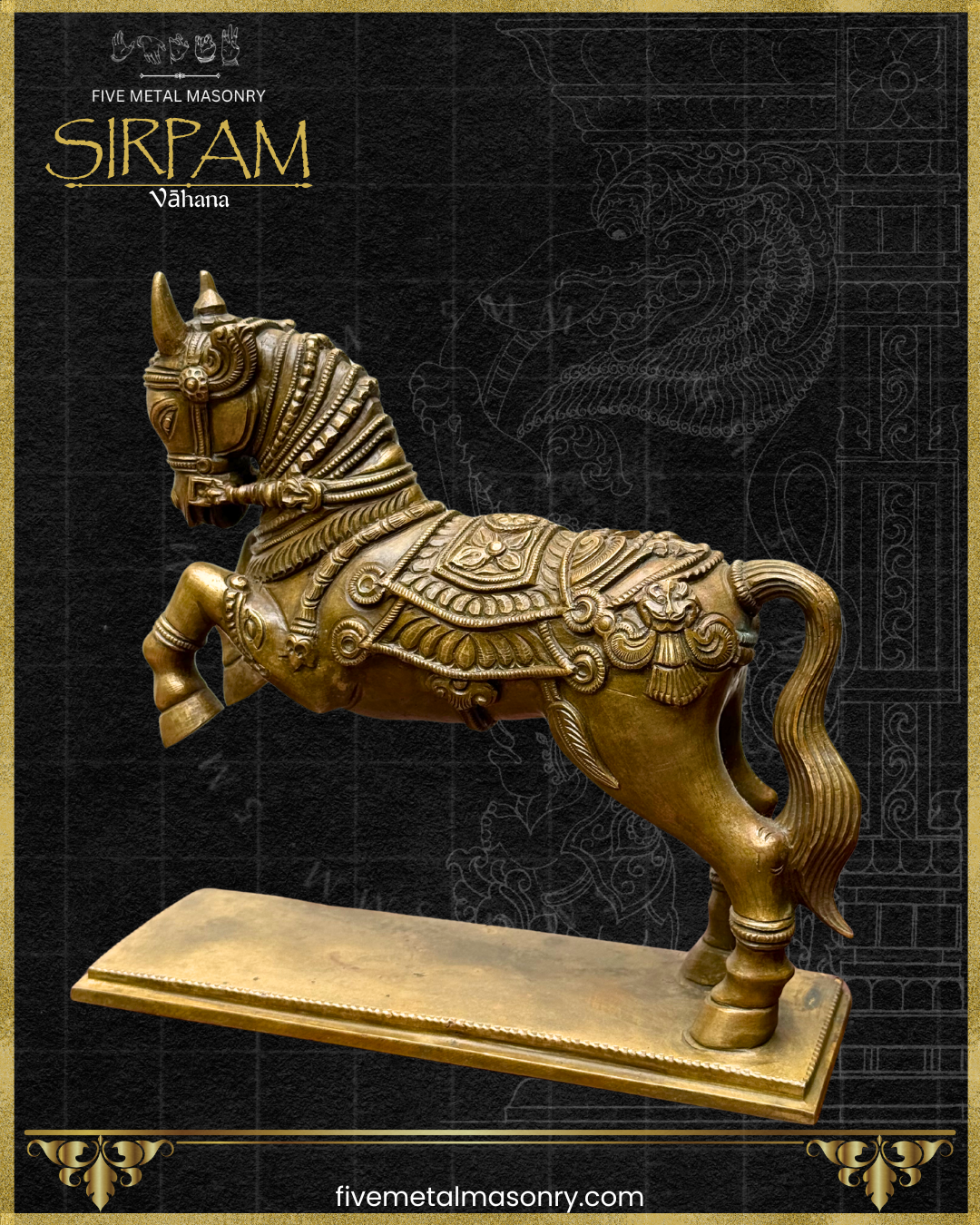 Decorative bronze horse sculpture on a black background with 'Five Metal Masonry' branding.