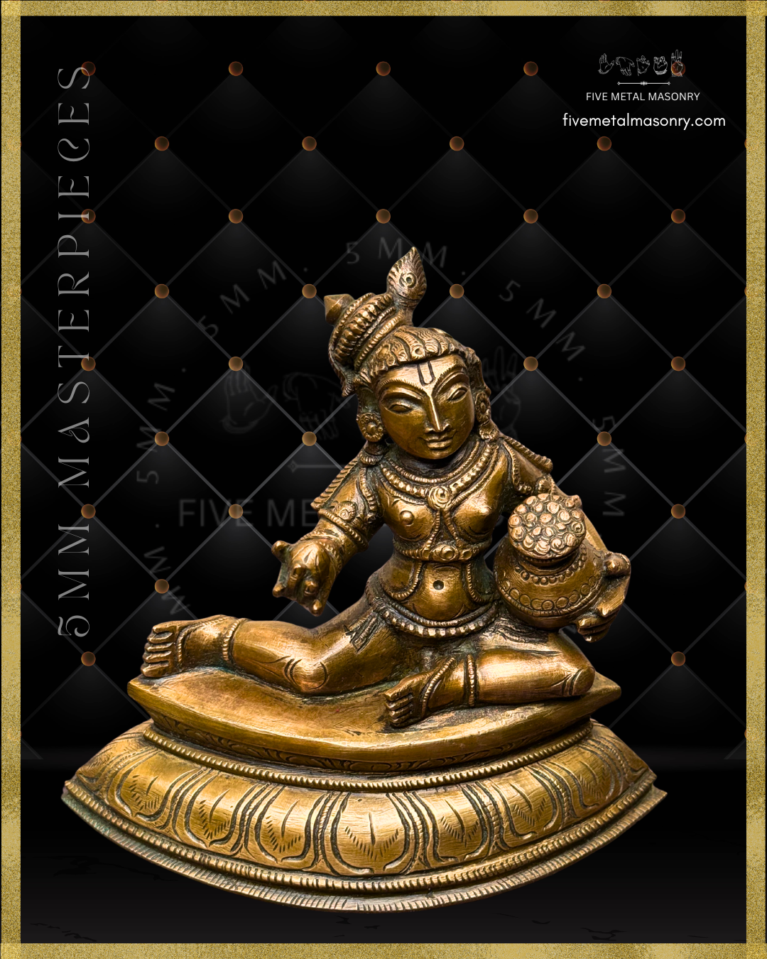 Top angle view of handcrafted Panchaloha Bala Krishna bronze from the 5MM Masterpieces Collection, seated with one leg folded and the other extended, holding navanita butter and a butter pot, with urdhvapundra, peacock-feathered top knot, traditional ornaments and padma pitha, crafted according to Silpasastra iconography.