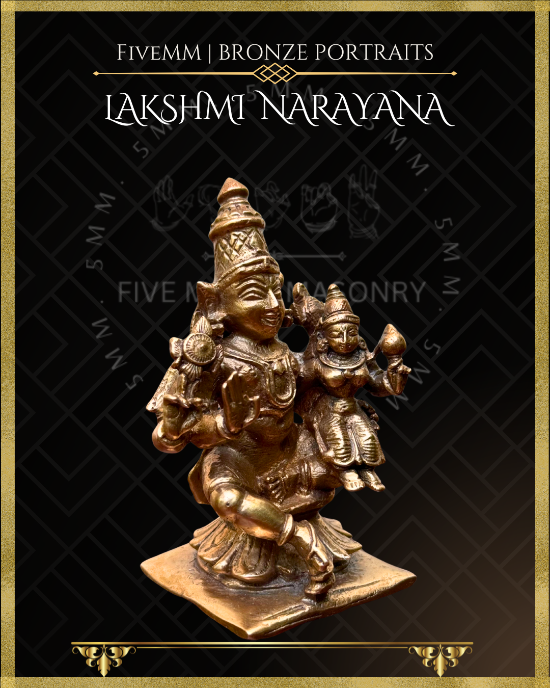 Right profile view of Handcrafted Lakshmi Narayana Panchaloha bronze statue with silpa-sastra aligned iconographic detailing, chakra and sankha, lower right hand in abhaya, and Lakshmi seated on Narayana’s left thigh.