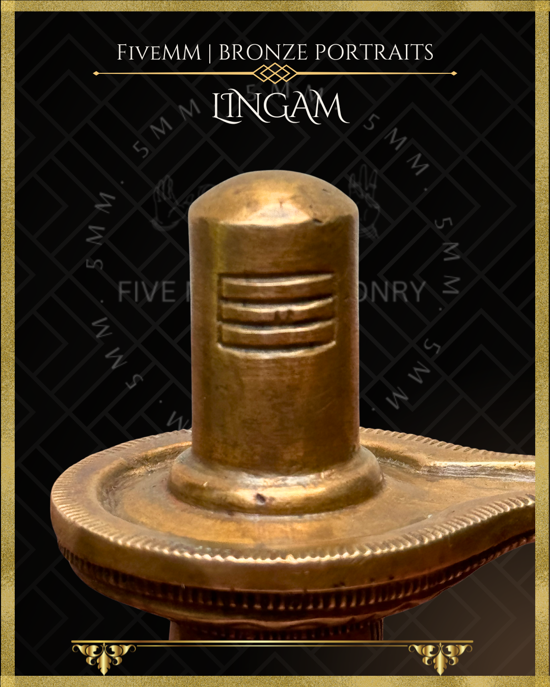Panchaloha Bronze Lingam sculpture with 'Five Metal Masonry' branding on a black background