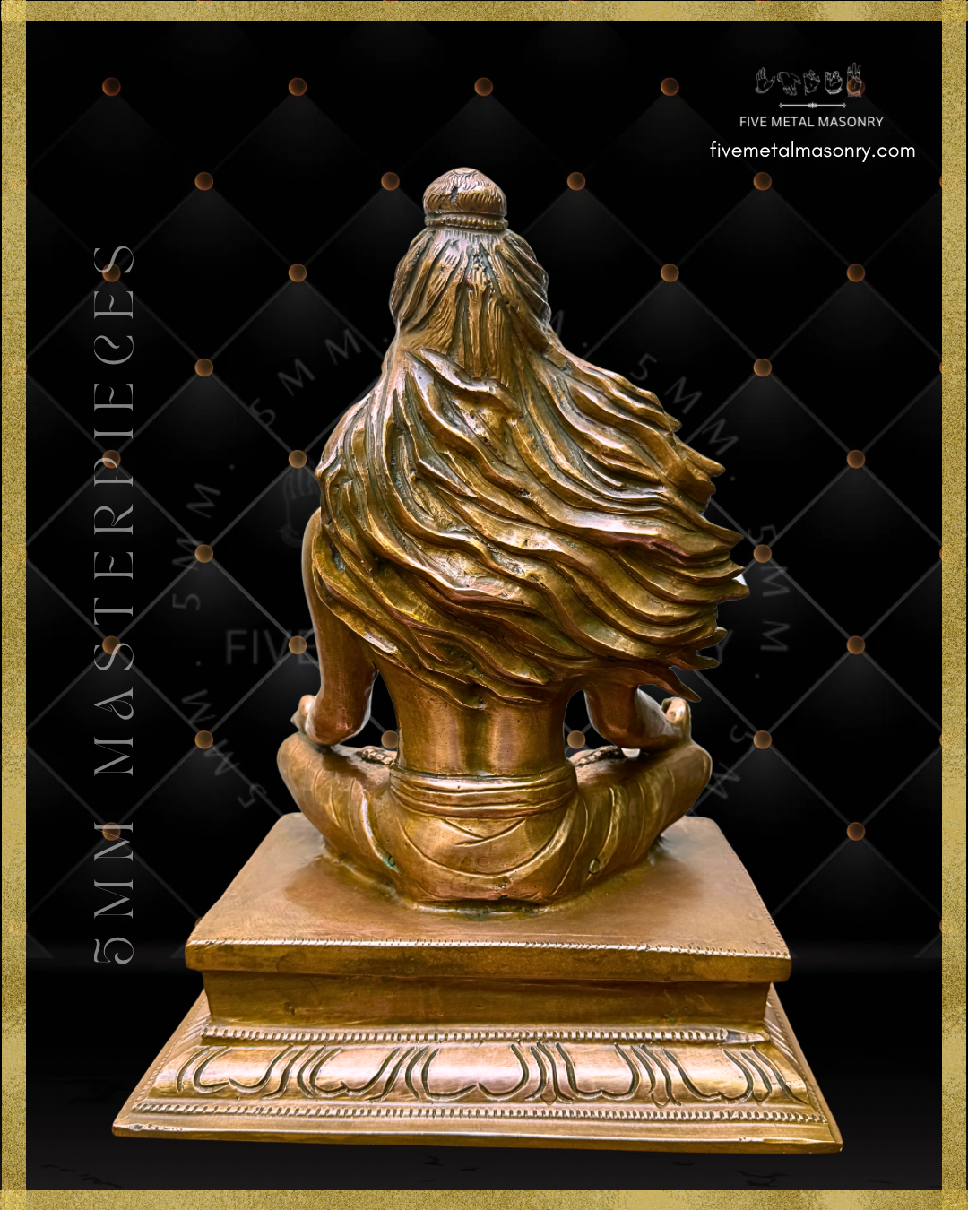 Rear view of handcrafted Thirumoolar Saiva saint in Panchaloha bronze, showing the flowing jata, seated meditative posture and tiered lotus pedestal, from the Masterpieces collection.